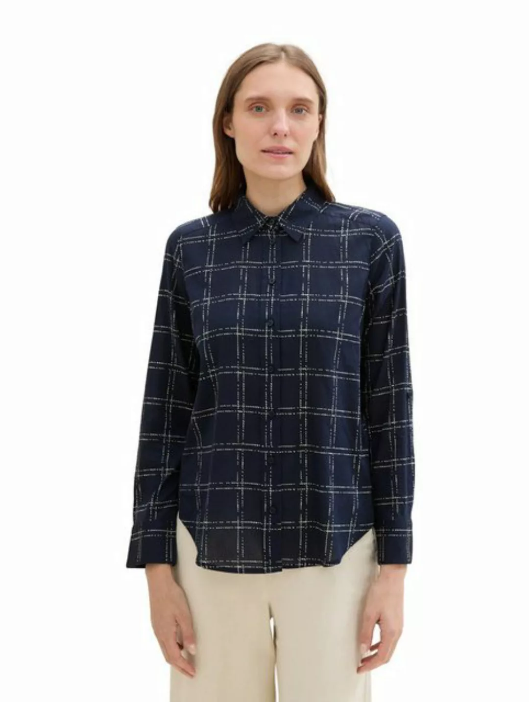 TOM TAILOR Blusenshirt printed blouse with collar, delicate navy check desi günstig online kaufen