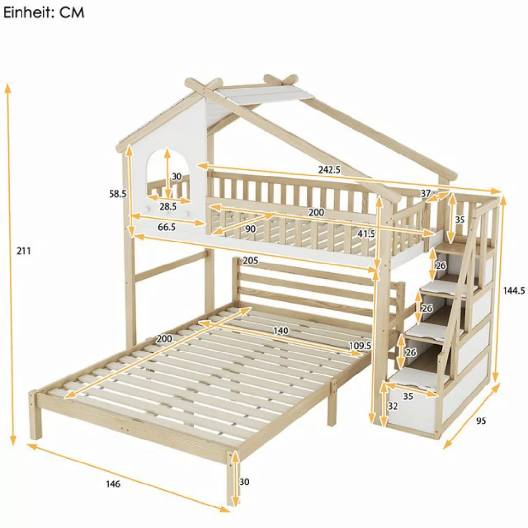 Sweiko Etagenbett Hochbett, Hausleiste, Stauraumleiter, (90*200cm, unteres günstig online kaufen