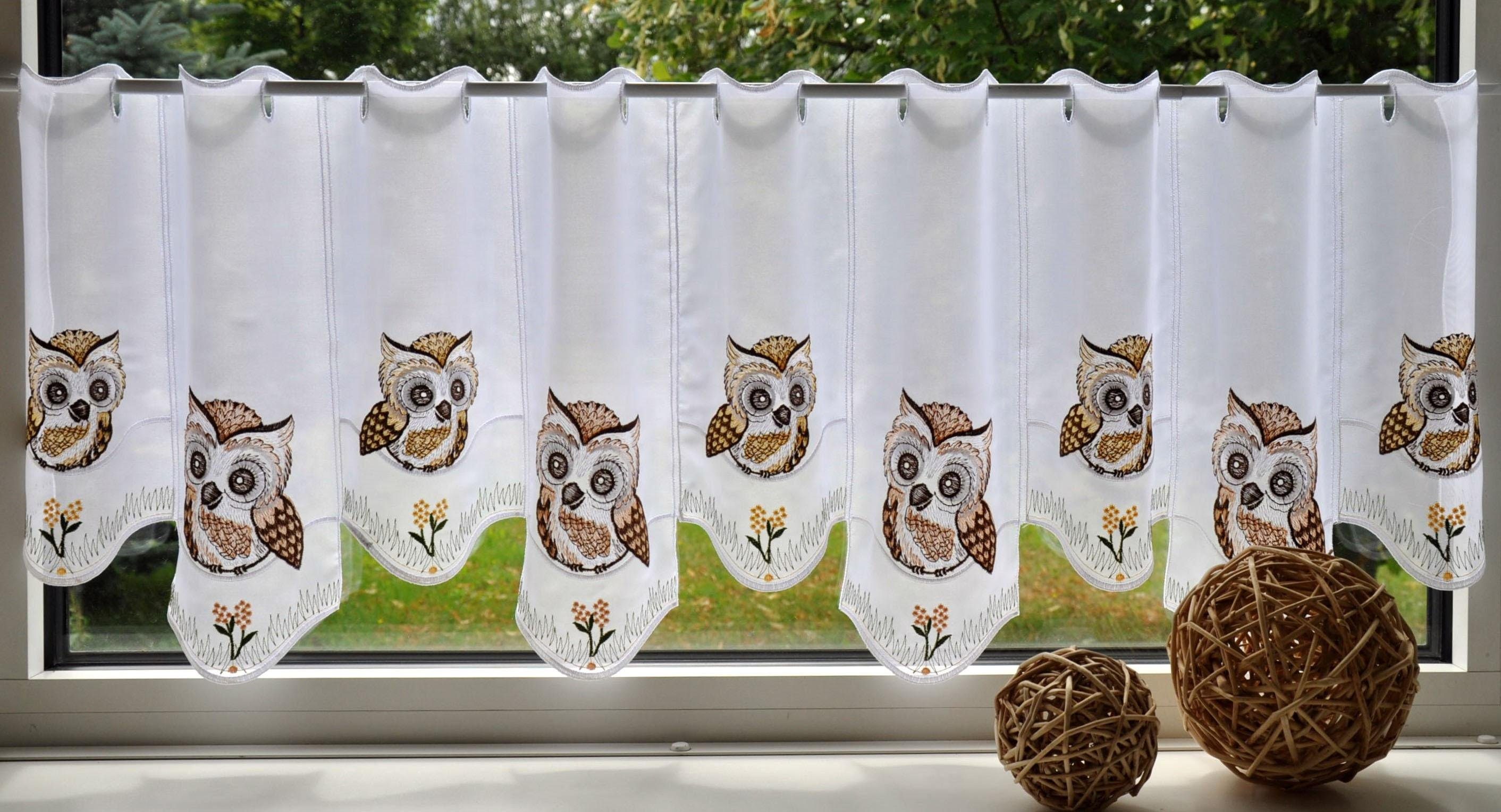 Stickereien Plauen Scheibengardine Eulen, Stangendurchzug (1 günstig online kaufen