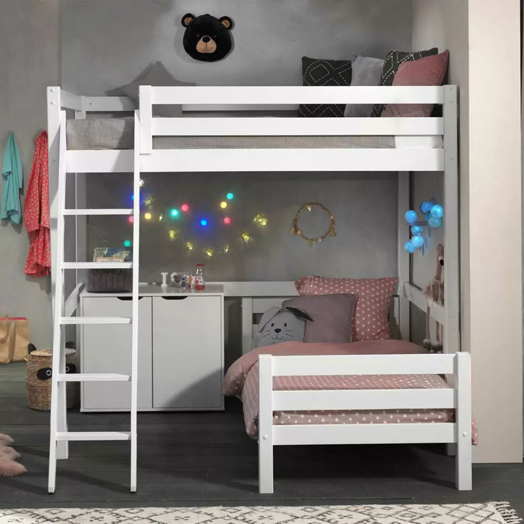 Kinderdoppelhochbett aus Kiefer Massivholz Weiß Schrank günstig online kaufen