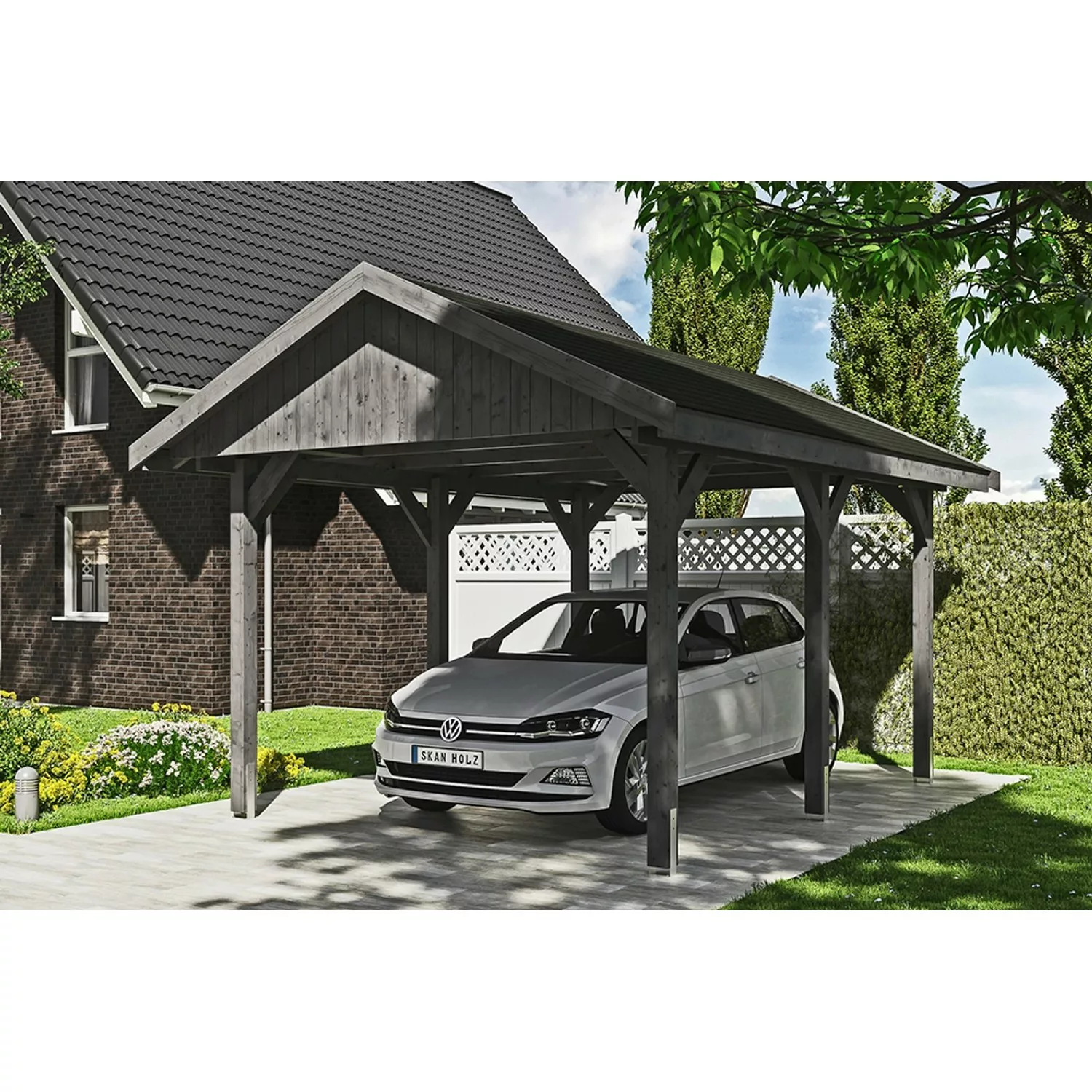 Satteldach-Carport Wallgau Schiefergrau 380 x 500 cm schwarze Schindeln günstig online kaufen