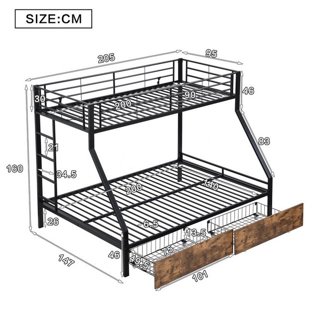 Flieks Etagenbett, Metallbett 90x200cm+140x200cm mit Leiter und 2 Schublade günstig online kaufen