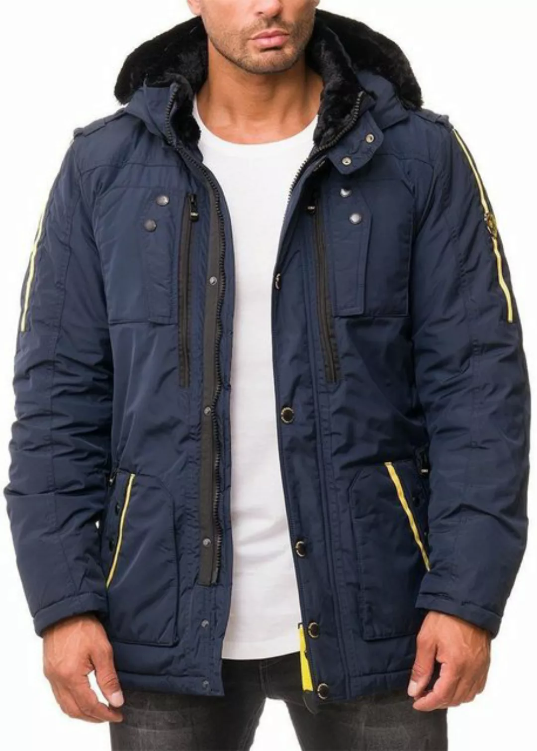 Cipo & Baxx Winterjacke Herren Kapuzenjacke BA-CM130 Navy-Blue M mit Kunstf günstig online kaufen