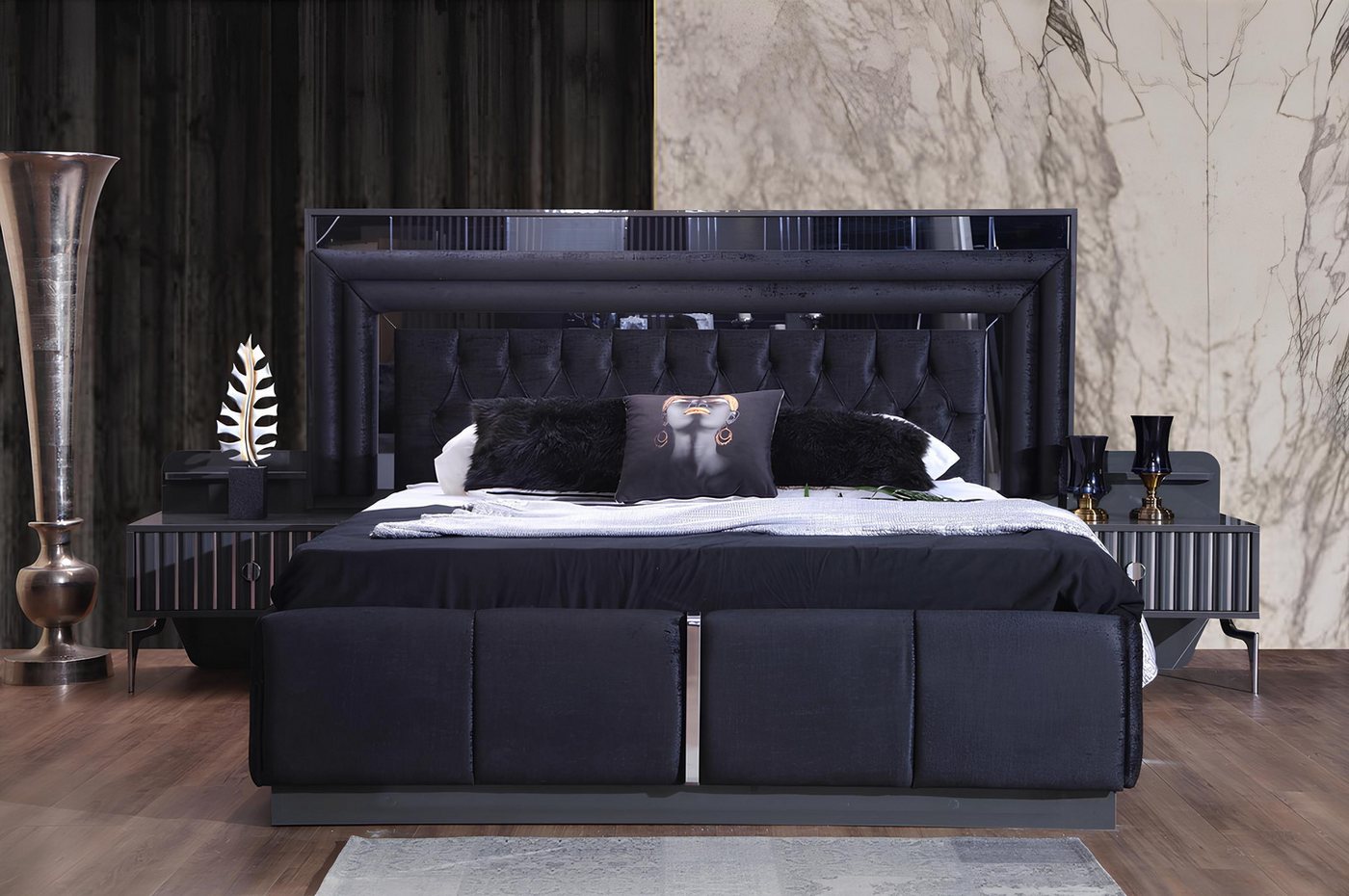 Xlmoebel Bett Modernes Luxus-Doppelbett Chesterfield in Schwarz mit Holzges günstig online kaufen