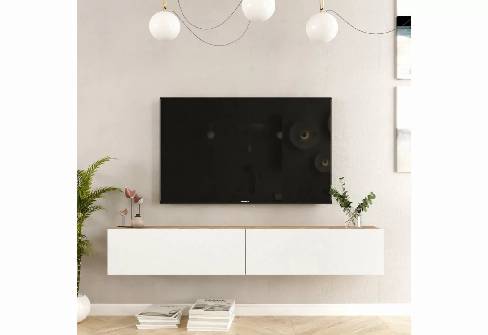 Hängendes TV-Möbel mit 2 Türen - Weiß & Holzfarben- AUBEPINA günstig online kaufen