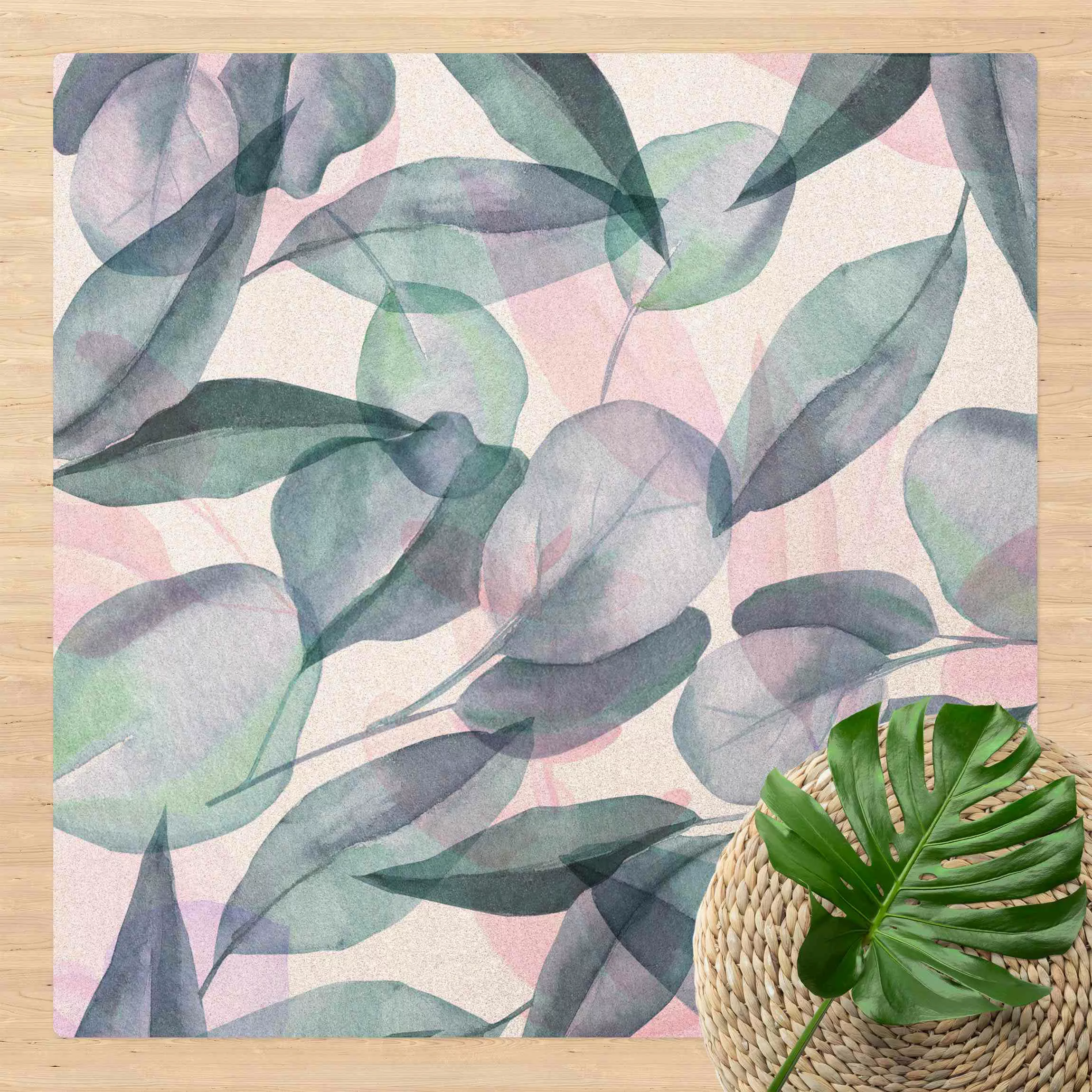 Kork-Teppich Blaue und Rosane Eukalyptus Aquarellblätter günstig online kaufen