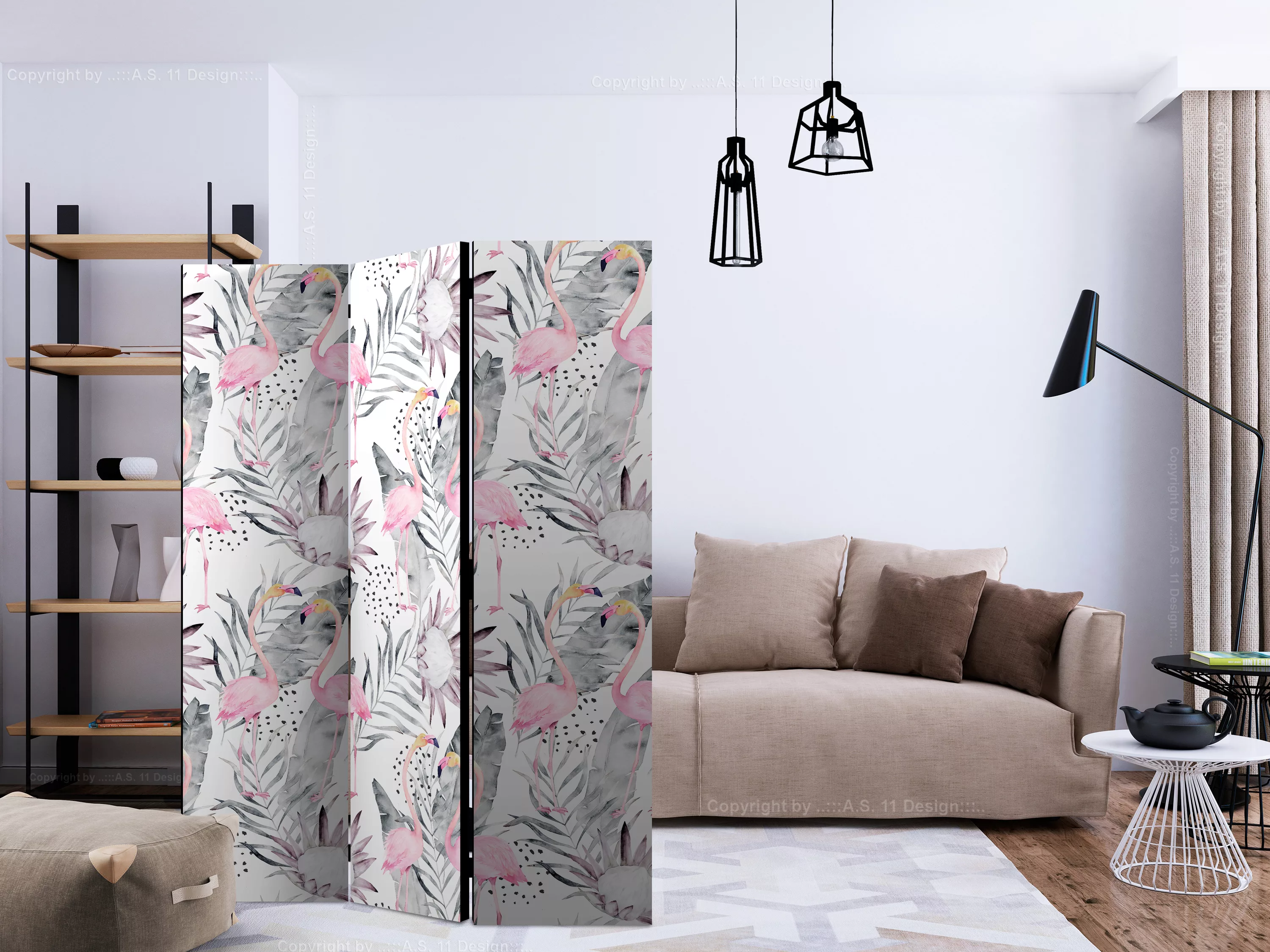 3-teiliges Paravent - Flamingos And Twigs [room Dividers] günstig online kaufen