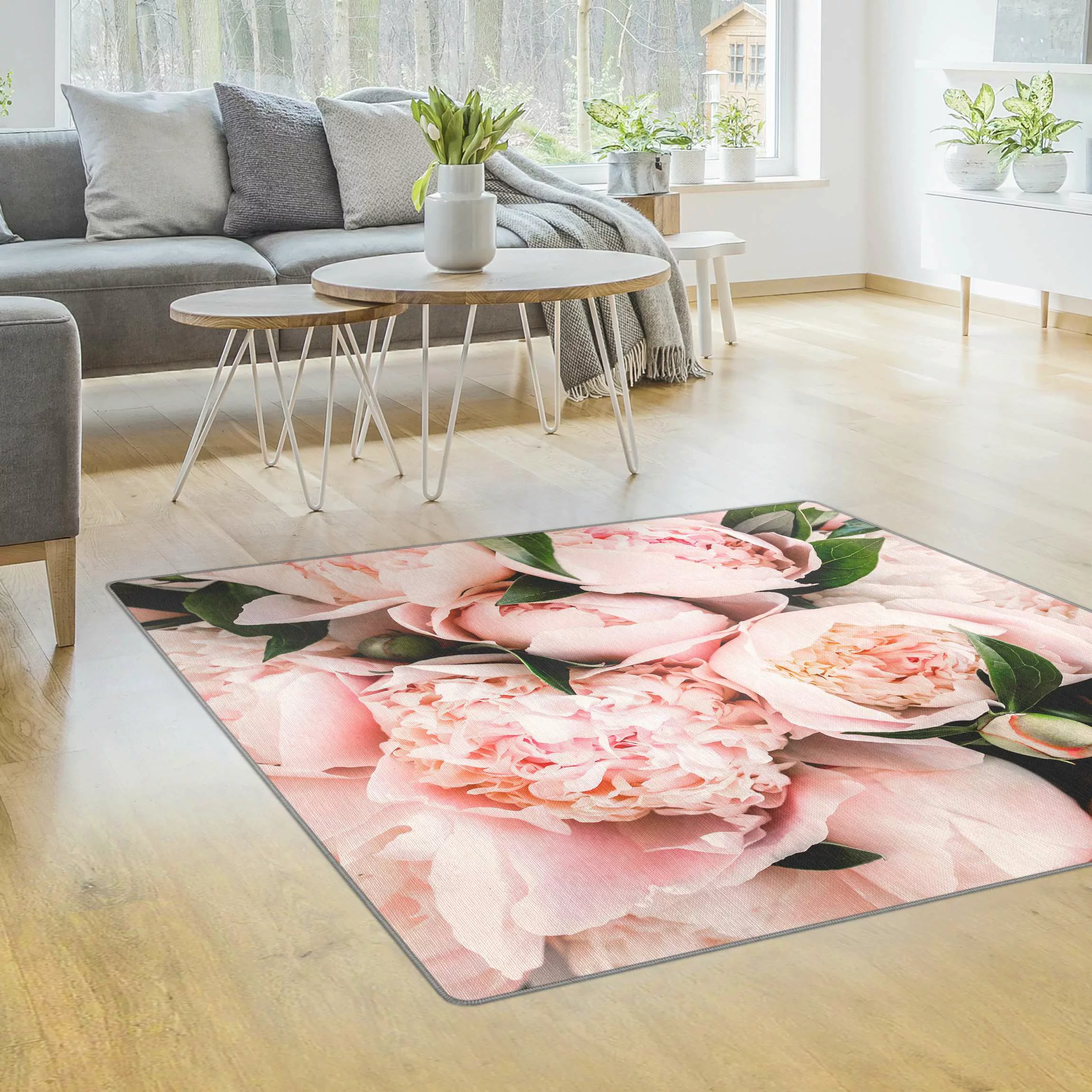 Teppich Rosa Pfingstrosen mit Blättern günstig online kaufen