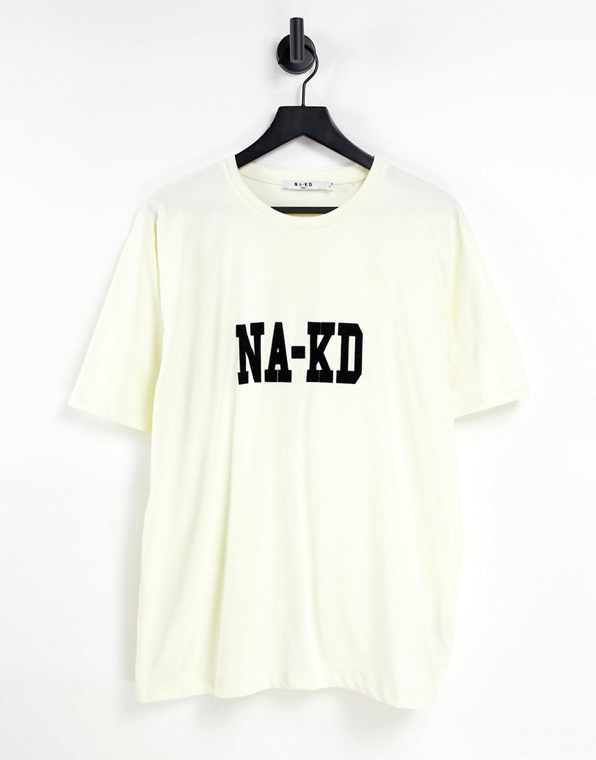 NA-KD – Oversize-T-Shirt aus Bio-Baumwolle in Beige mit Logo-Neutral günstig online kaufen