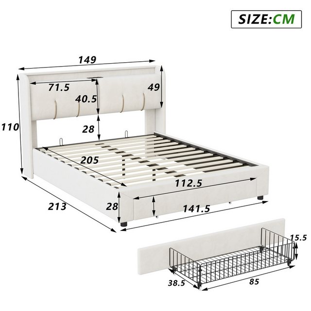 FUROKOY Polsterbett Doppelbett Stauraumbett Mit Hydraulisch anhebbarer und günstig online kaufen