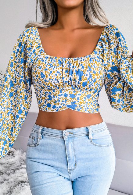 CHENIN Langarmhemd Damen Lantern Sleeve Bow Floral Chiffon Bluse Top Casual günstig online kaufen