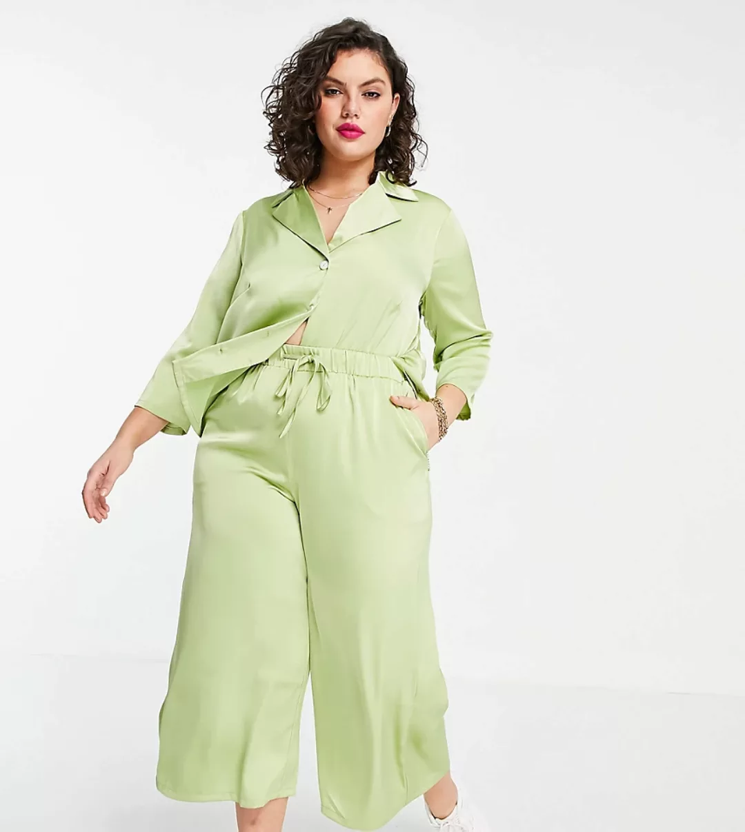 Fashion Union Plus – Lockeres Retro-Hemd aus Satin in Limettengrün, Kombite günstig online kaufen