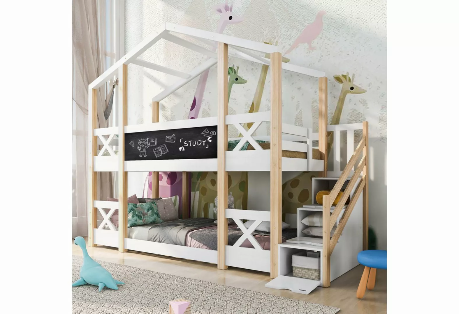 Merax Etagenbett, mit Tafeln und Treppen, Kinderbett 90x200cm mit 2 Liegefl günstig online kaufen