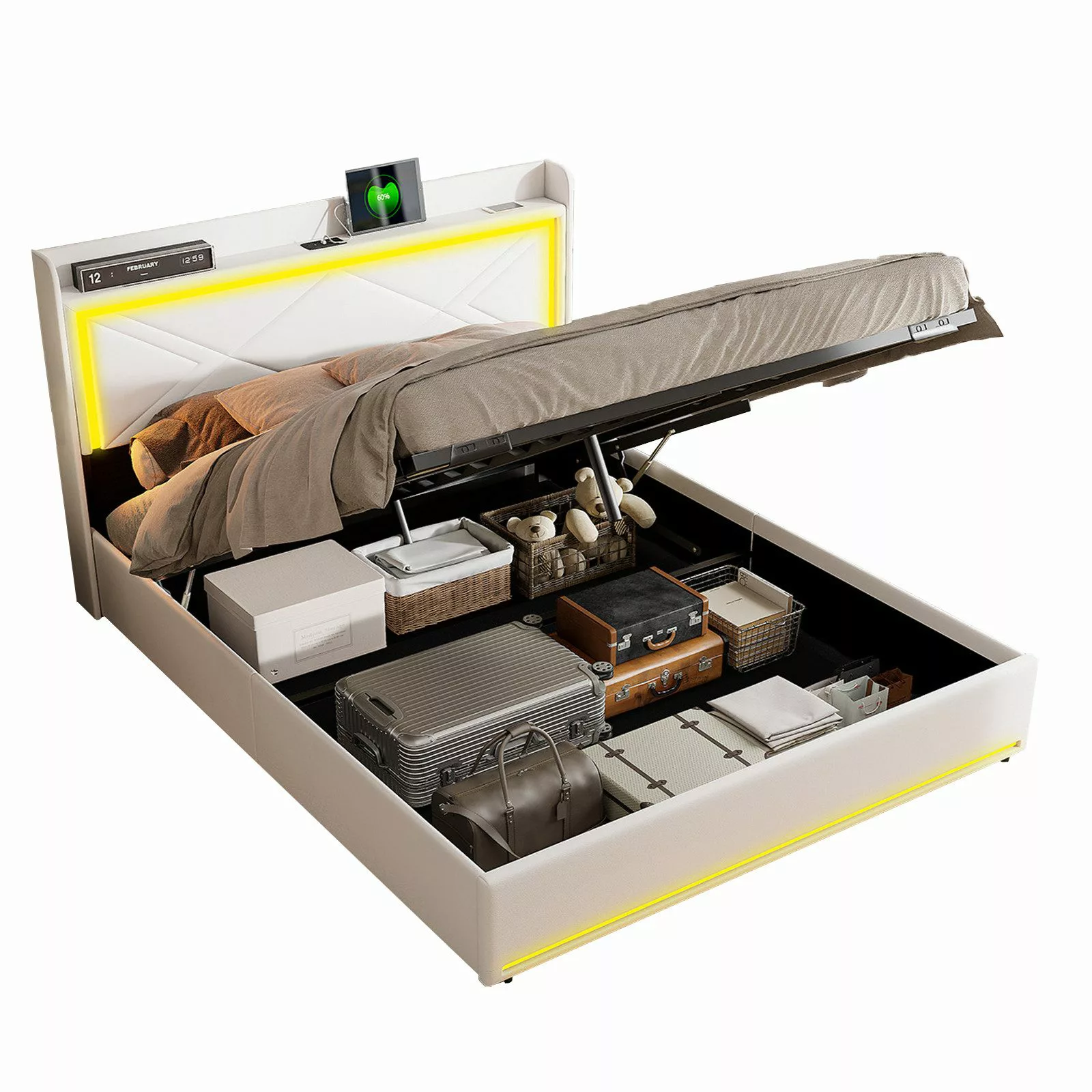 FUROKOY Polsterbett LED-Beleuchtung Kunstleder Hydraulisch Doppelbett günstig online kaufen