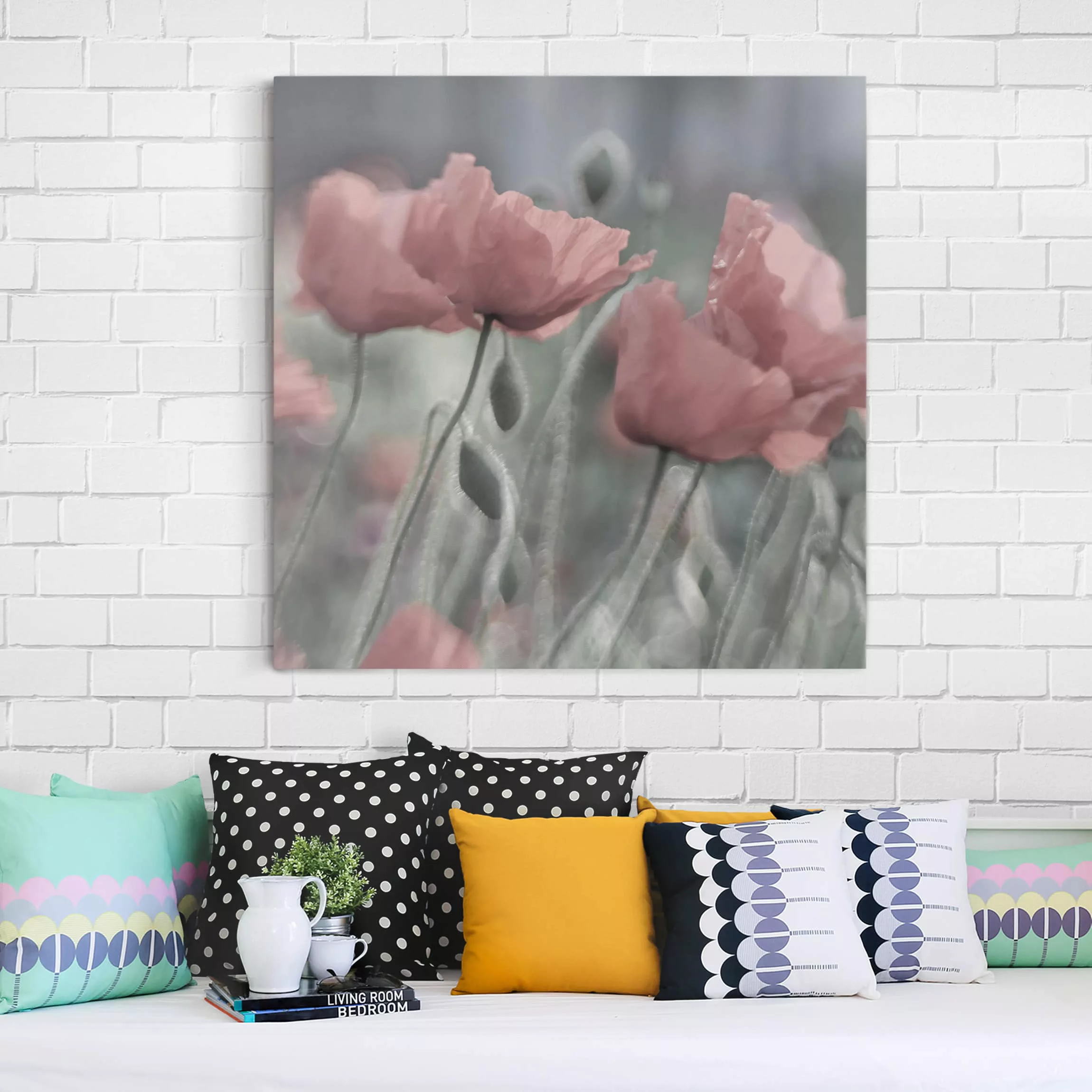 Leinwandbild Blumen - Quadrat Malerische Mohnblumen günstig online kaufen