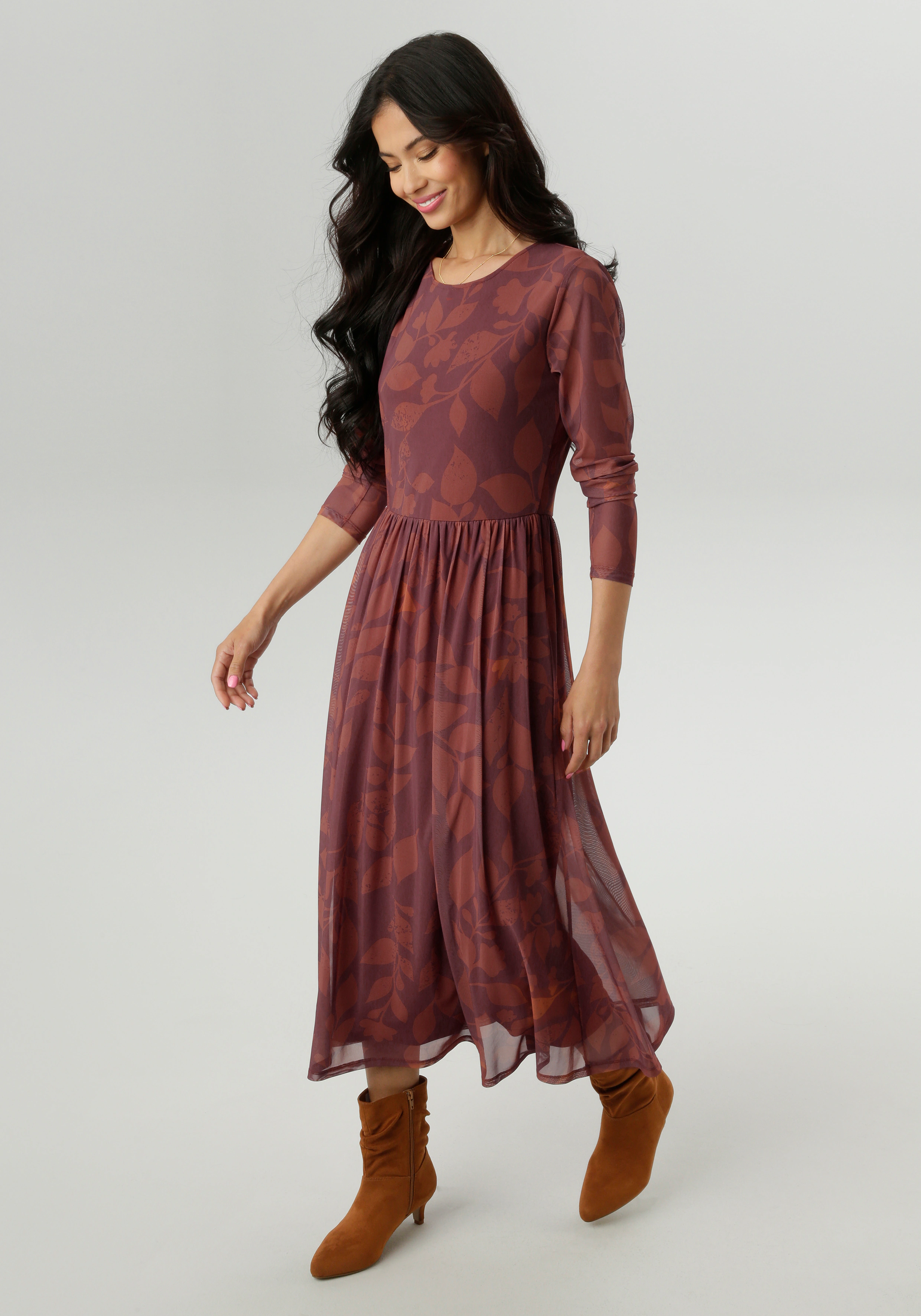 Aniston SELECTED Midikleid, mit floralem Blättermuster in warmen Brauntönen günstig online kaufen