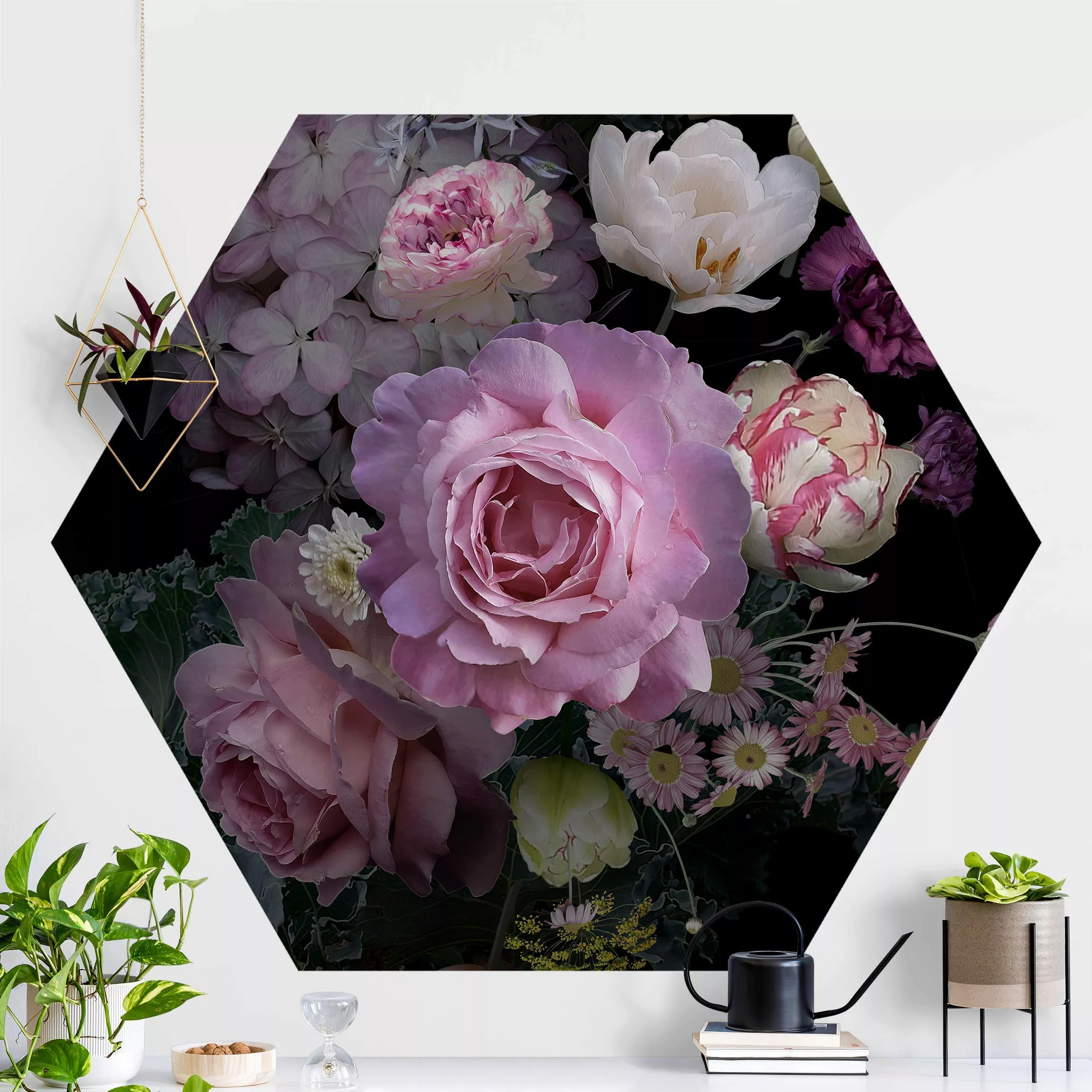 Hexagon Fototapete selbstklebend Rosentraum Bouquet günstig online kaufen