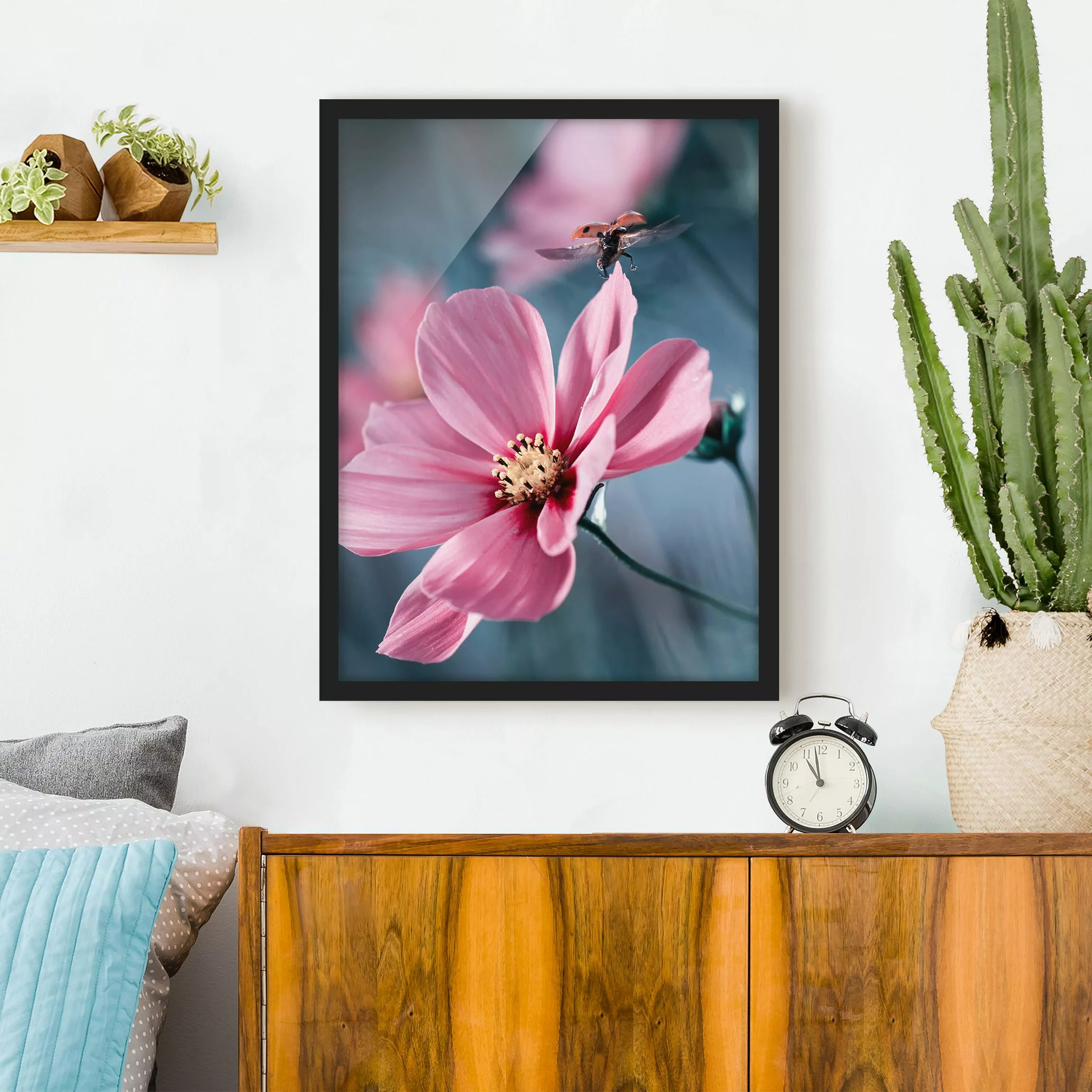 Bild mit Rahmen Blumen - Hochformat Marienkäfer beim Start günstig online kaufen