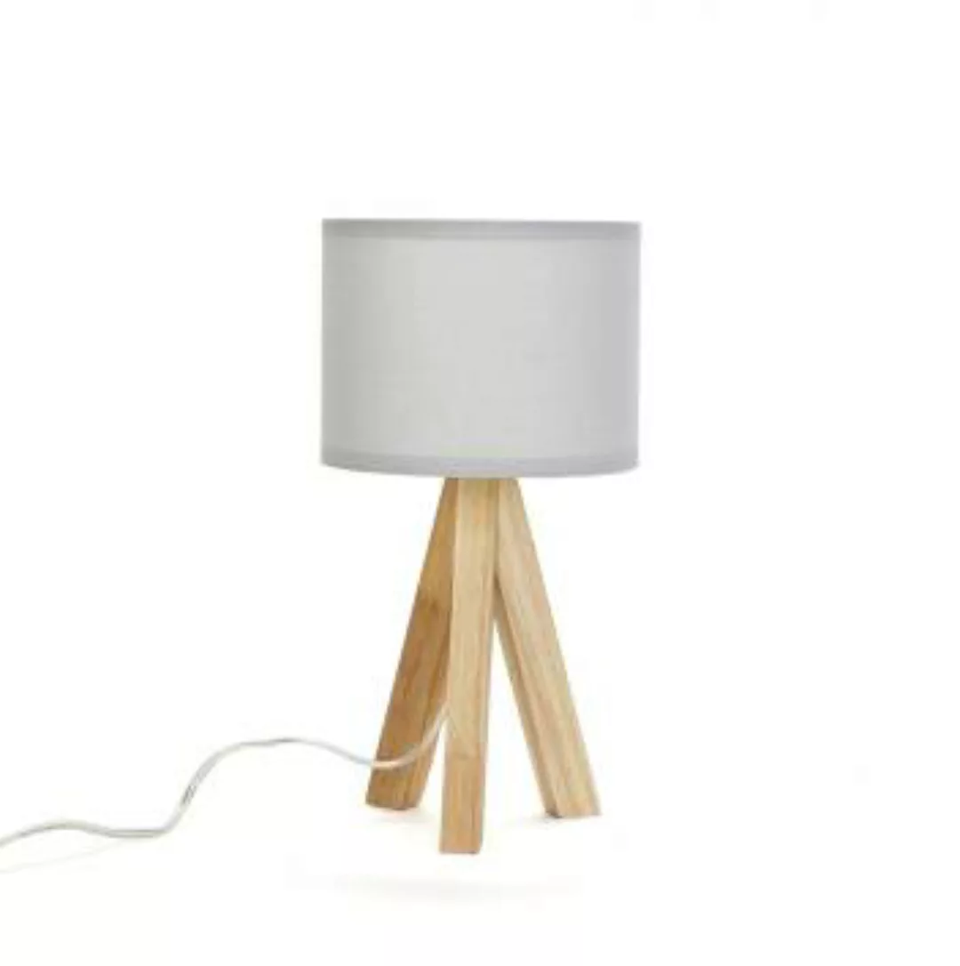 Tischlampe Grau Dreibein Holz Stoff E14 GING günstig online kaufen