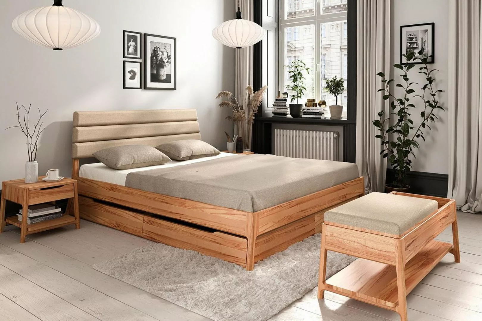 Natur24 Bett Bett Swig 2 Sonderl. 200x190 Kernbuche Polsterkopfteil Beige H günstig online kaufen