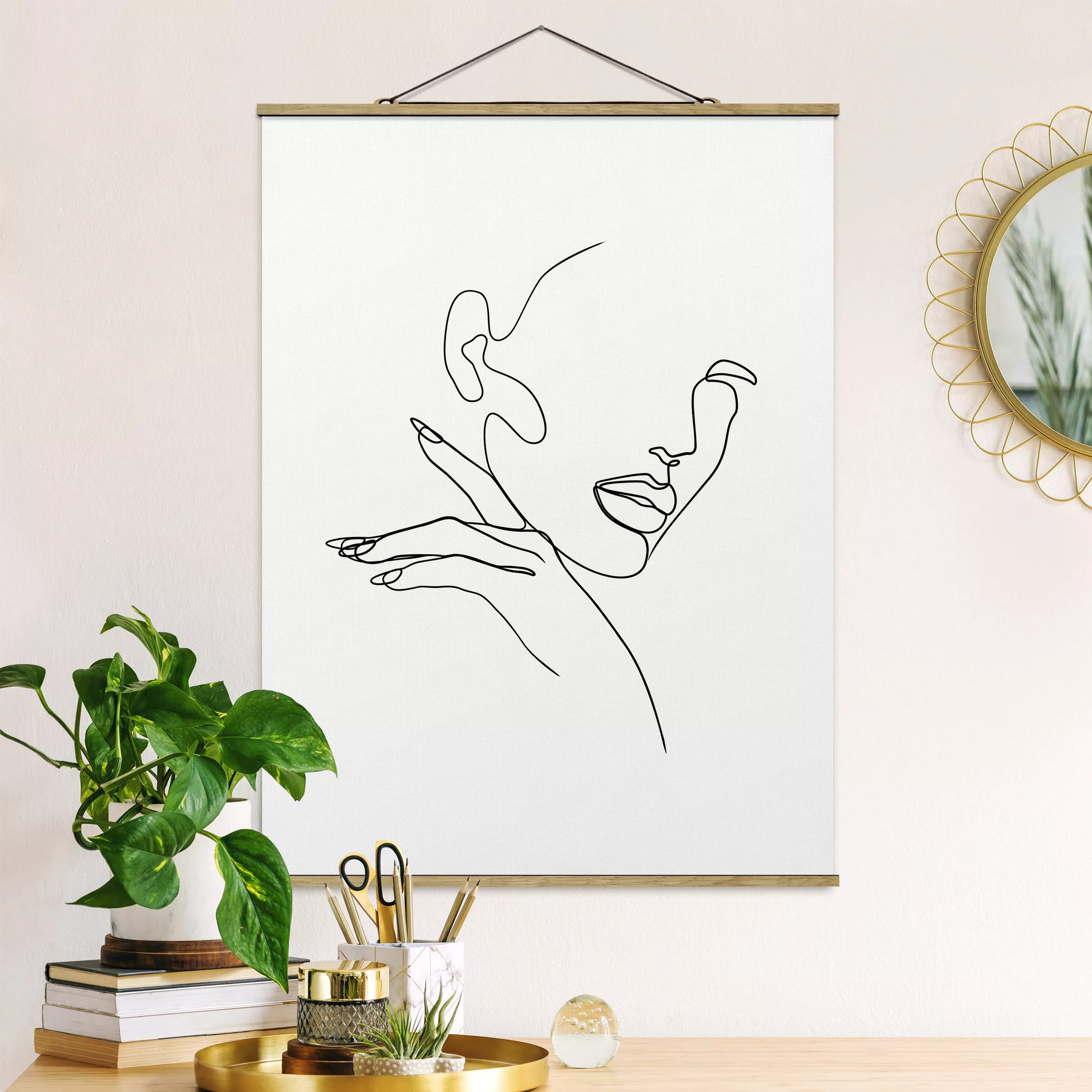 Stoffbild Abstrakt mit Posterleisten - Hochformat Line Art Frau Portrait Sc günstig online kaufen