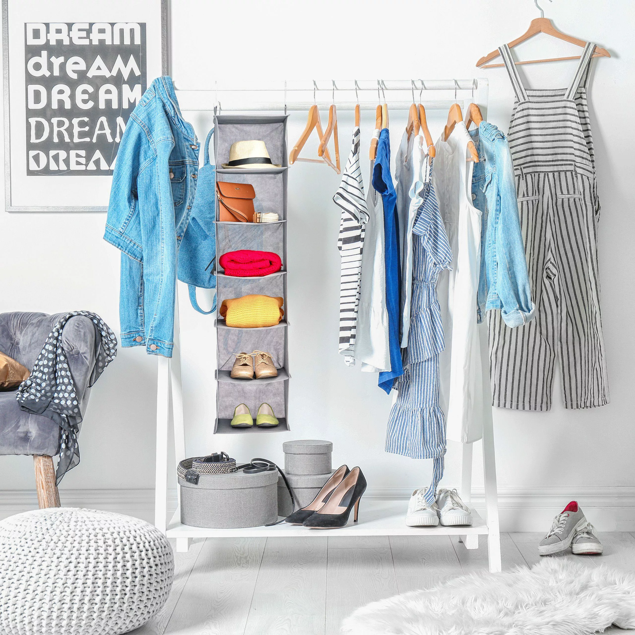 relaxdays Hängeregal Kleiderschrank 6 Fäch, Grau günstig online kaufen