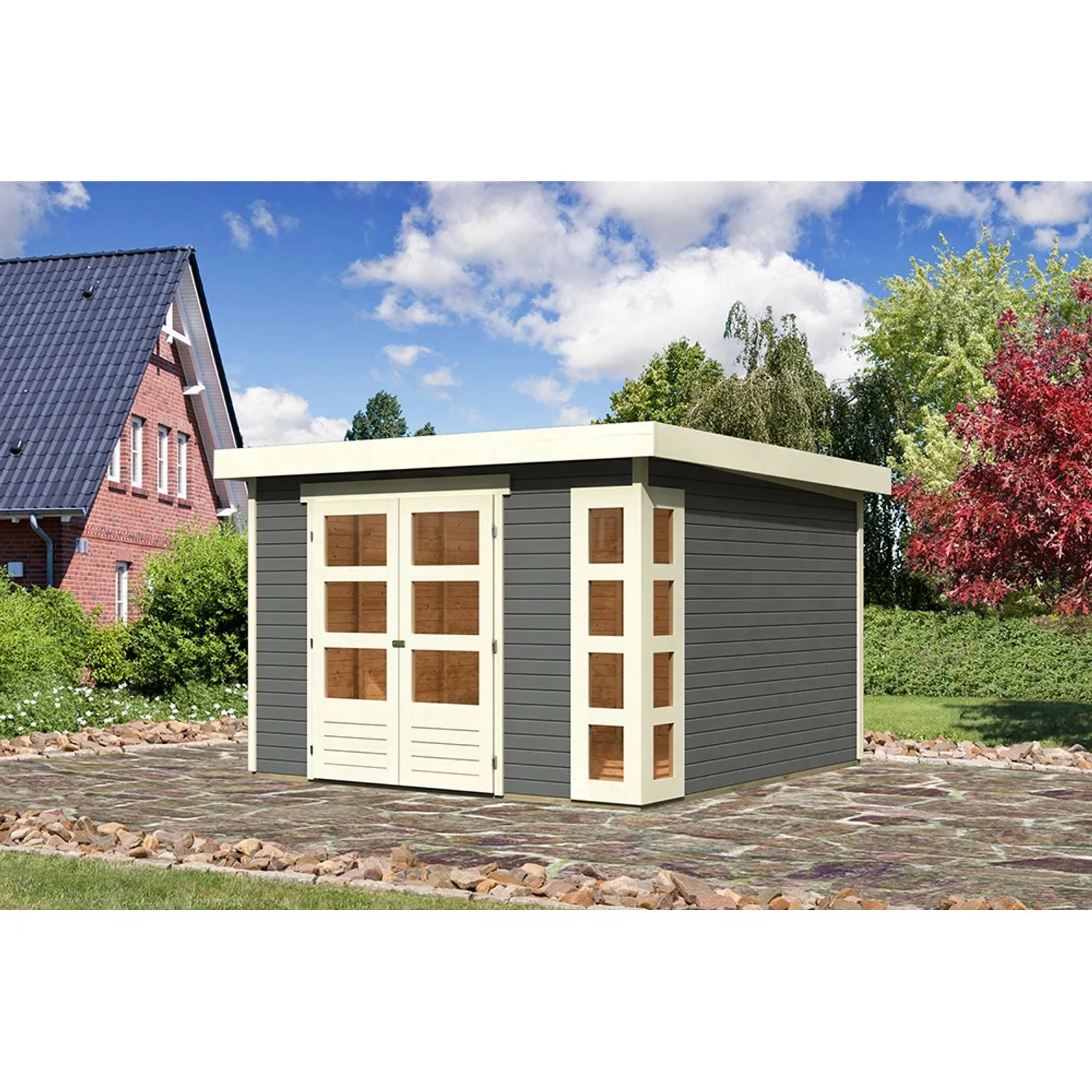 Karibu Holz-Gartenhaus Sölve Terragrau Flachdach Lackiert 298 cm x 302 cm günstig online kaufen