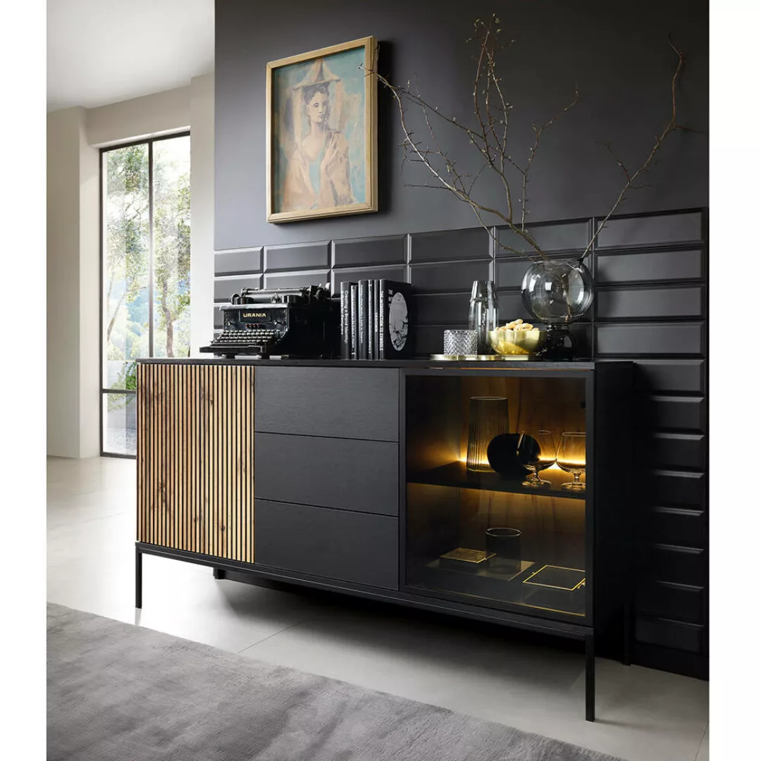 Wohnzimmer Sideboard mit Beleuchtung in schwarz mit Wotan Eiche SIBARI-160 günstig online kaufen