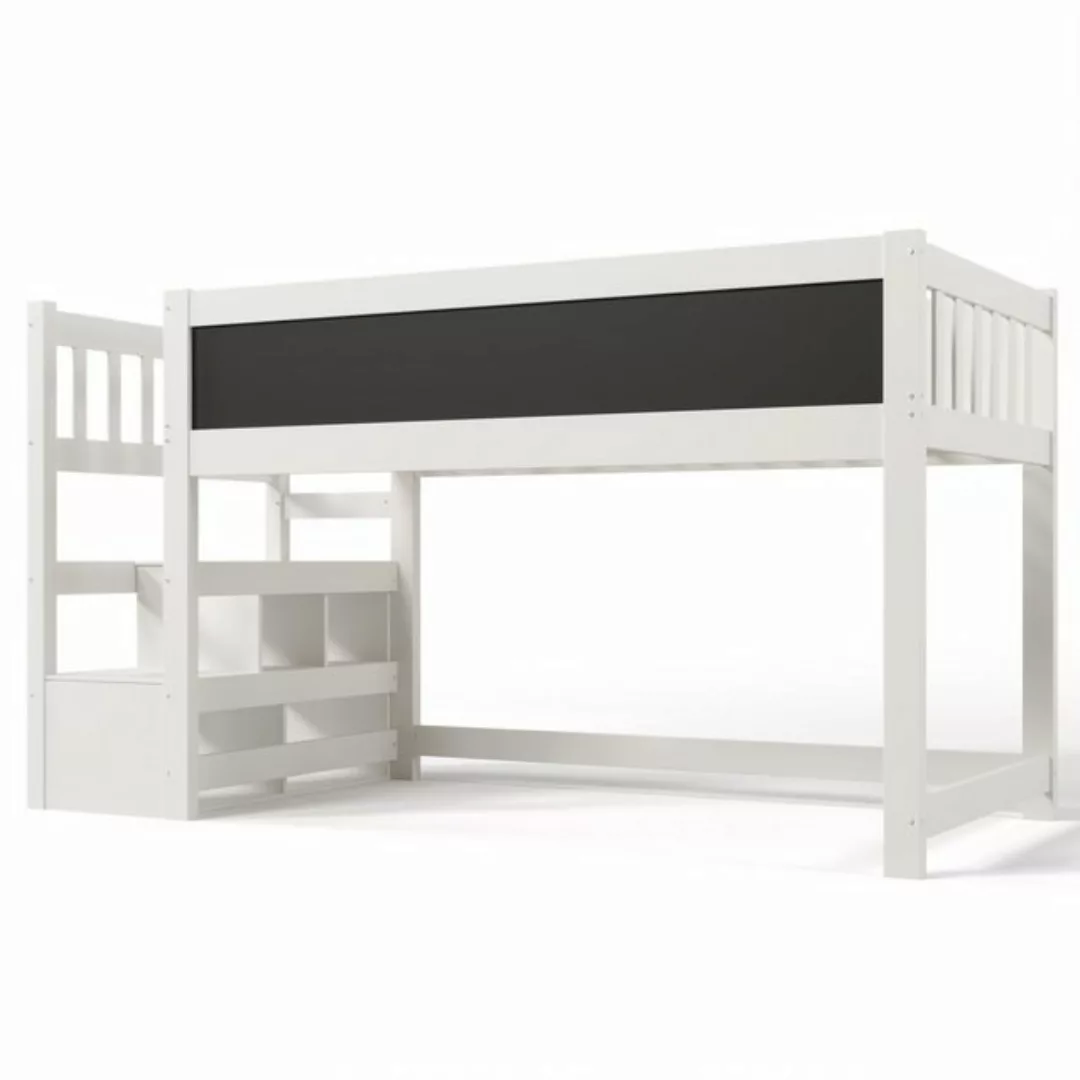 Flieks Hochbett Massivholz Kinderbett Etagenbett mit Tafel und Stauraumtrep günstig online kaufen