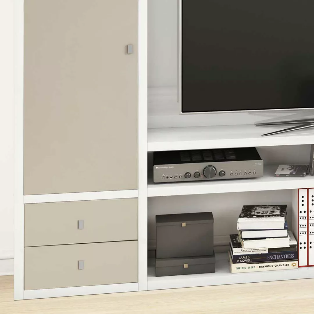 TV Regalwand mit Türen und Schubladen Weiß Hochglanz und Beige günstig online kaufen