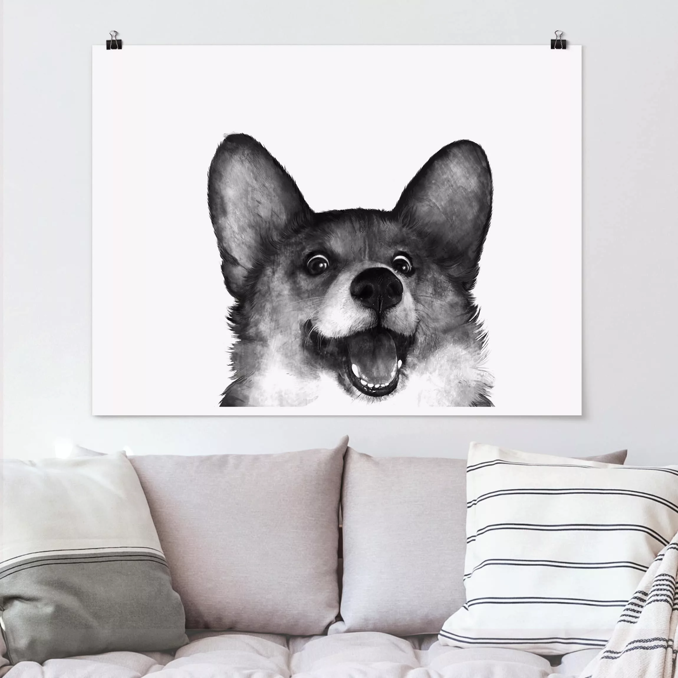 Poster Tiere - Querformat Illustration Hund Corgi Weiß Schwarz Malerei günstig online kaufen