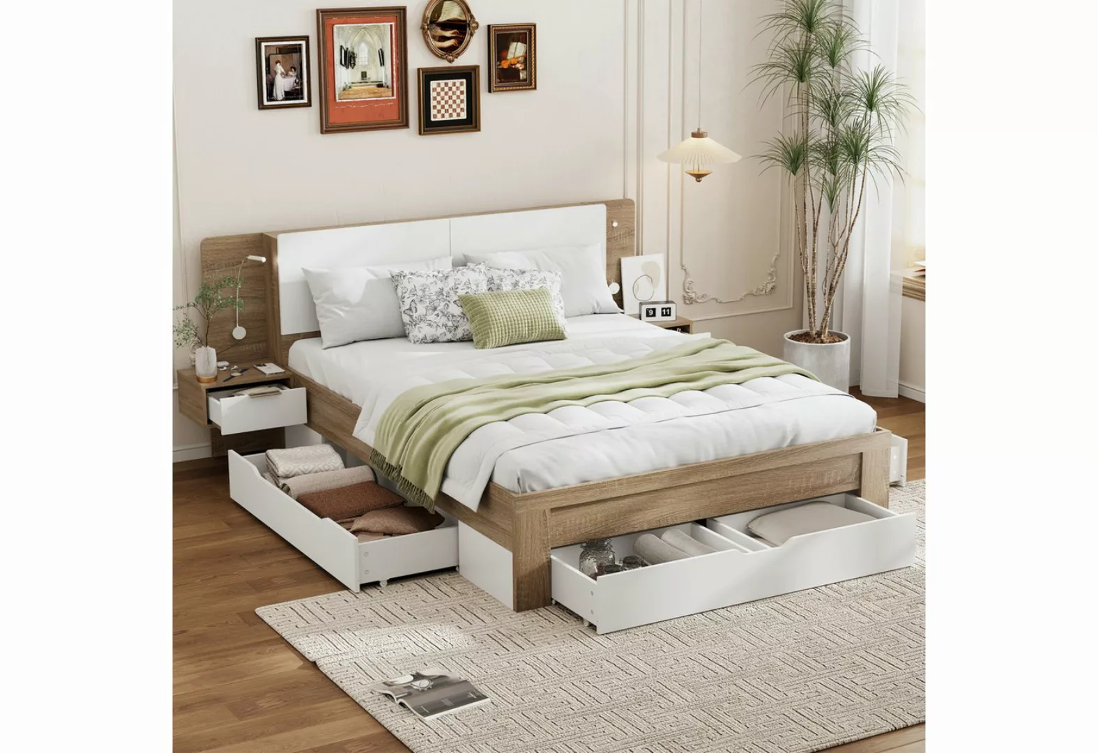 FUROKOY Holzbett Doppelbett 140x200cm mit 2 LED Nachttisch, 4 Schubladen (S günstig online kaufen