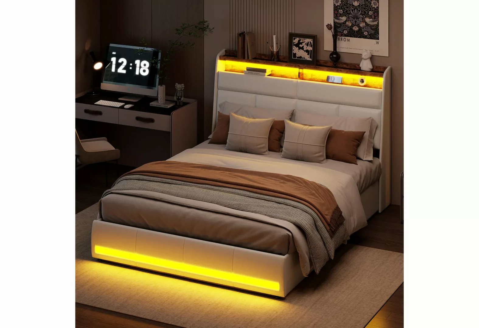 Furnishings Home Polsterbett Doppelbett + Stauraum + LED-Licht + USB-Anschl günstig online kaufen