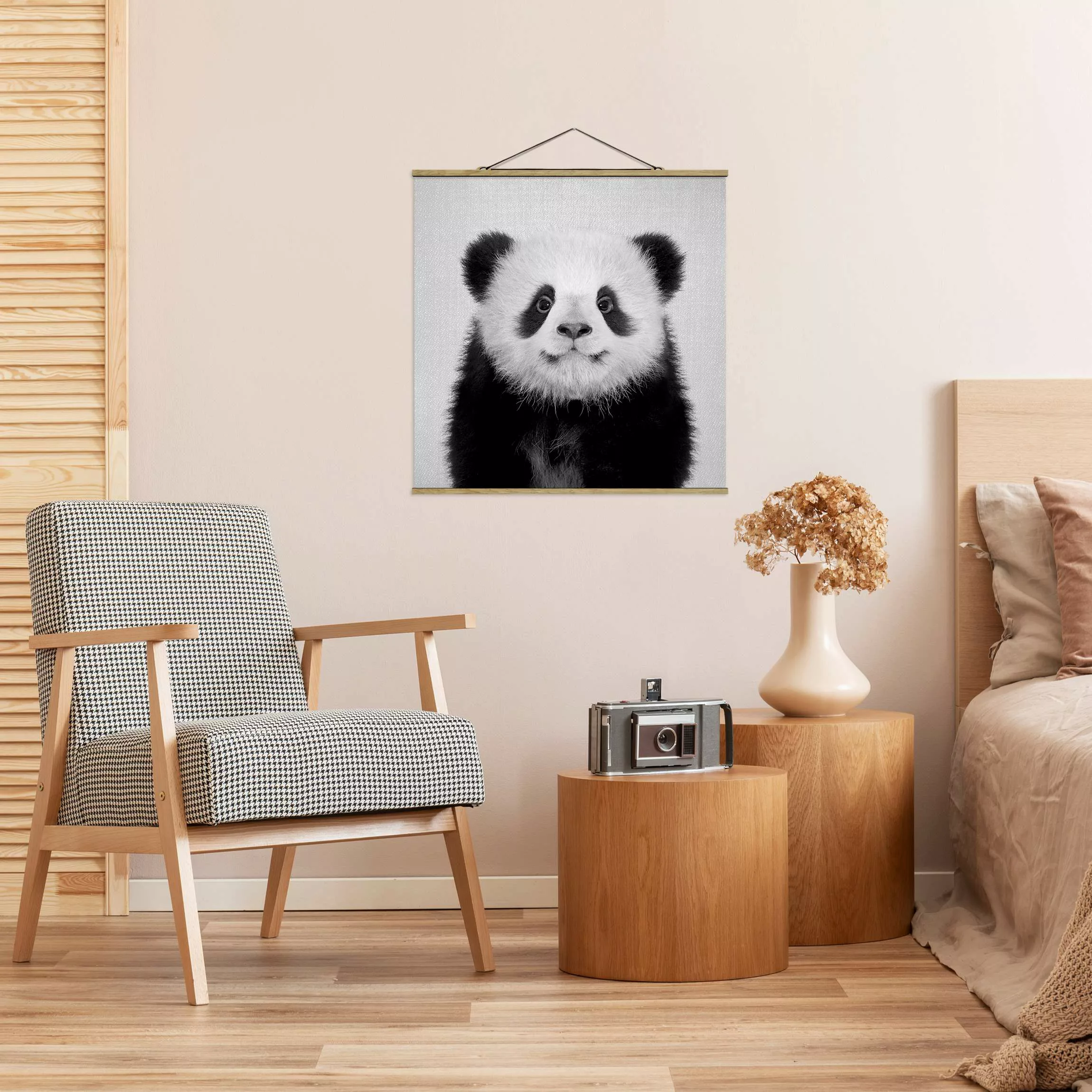 Stoffbild mit Posterleisten Baby Panda Prian Schwarz Weiß günstig online kaufen