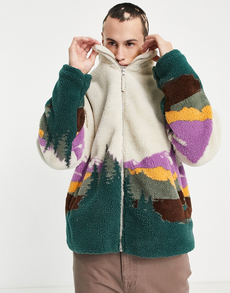 ASOS DESIGN – Oversize-Teddyfelljacke mit Landschaftsprint-Grau günstig online kaufen