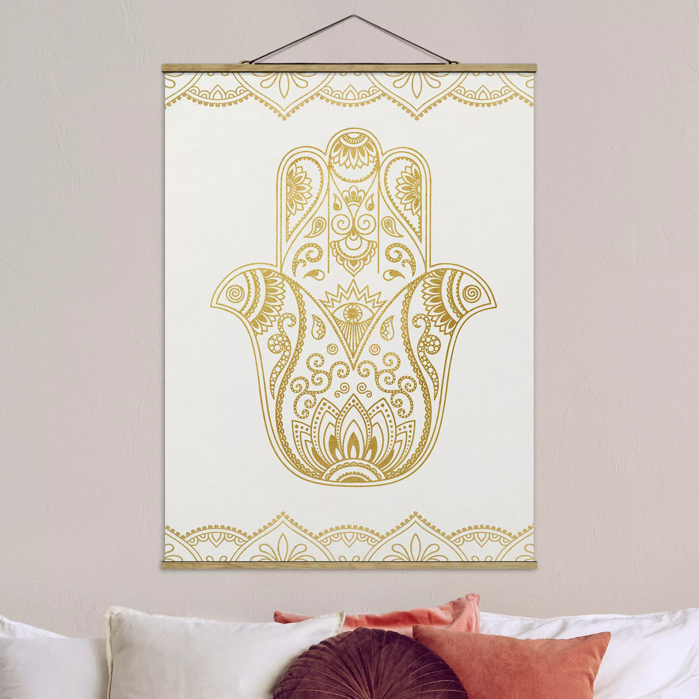 Stoffbild Mandala mit Posterleisten - Hochformat Hamsa Hand Lotus OM Illust günstig online kaufen
