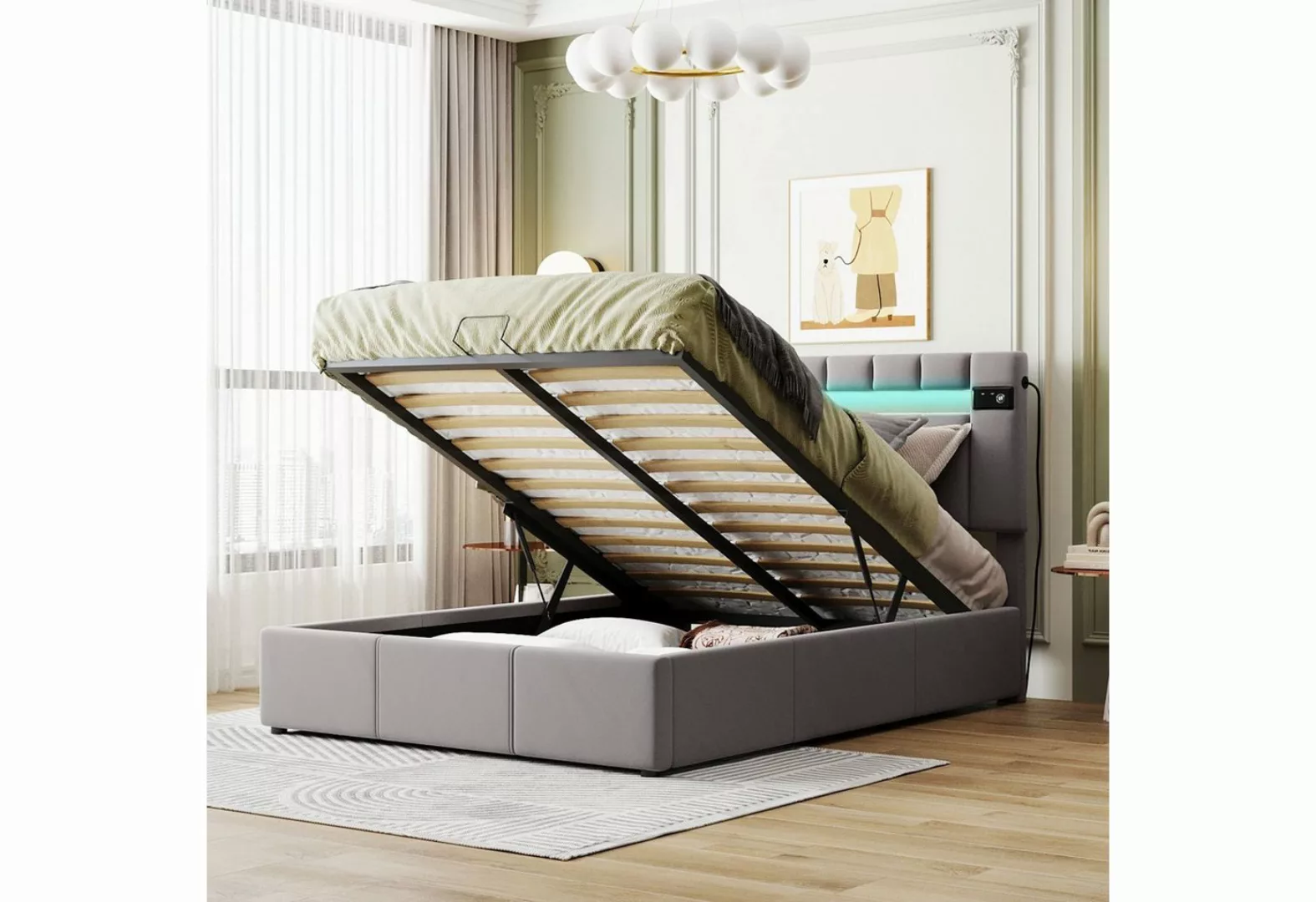 Celya Polsterbett Doppelbett Bettgestell 140x200 mit LED-Lichtleiste, Bluet günstig online kaufen