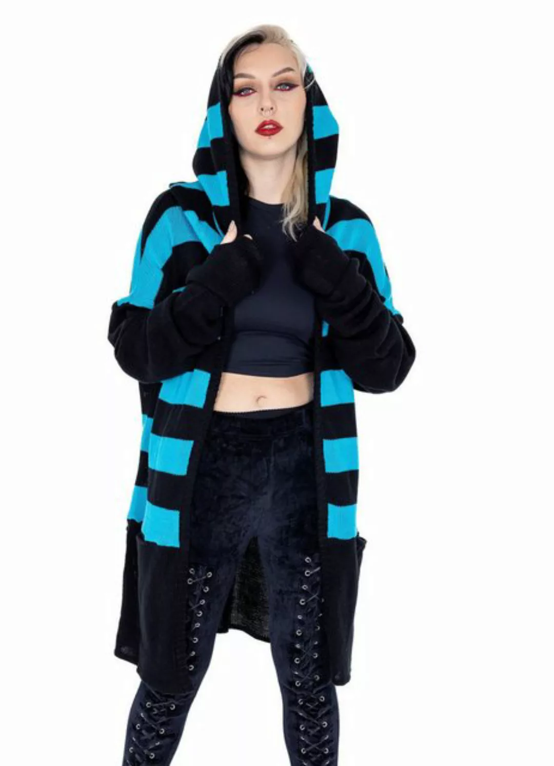 Heartless Strickjacke Willa Cardigan Blau Schwarz Gestreift Grunge Punk Str günstig online kaufen