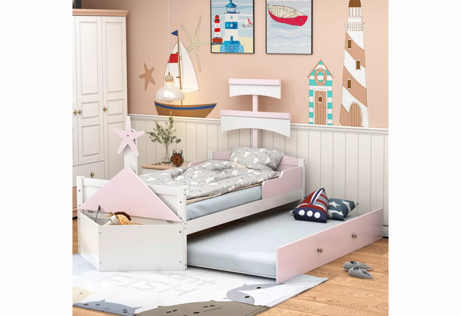 WISHDOR Kinderbett Einzelbett für Kinder im Segelboot-Design, Holzbett Funk günstig online kaufen