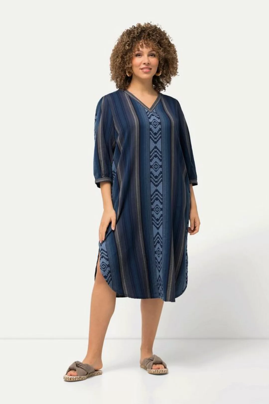 Ulla Popken Sommerkleid Kaftan Musterstreifen Oversized V-Ausschnitt günstig online kaufen