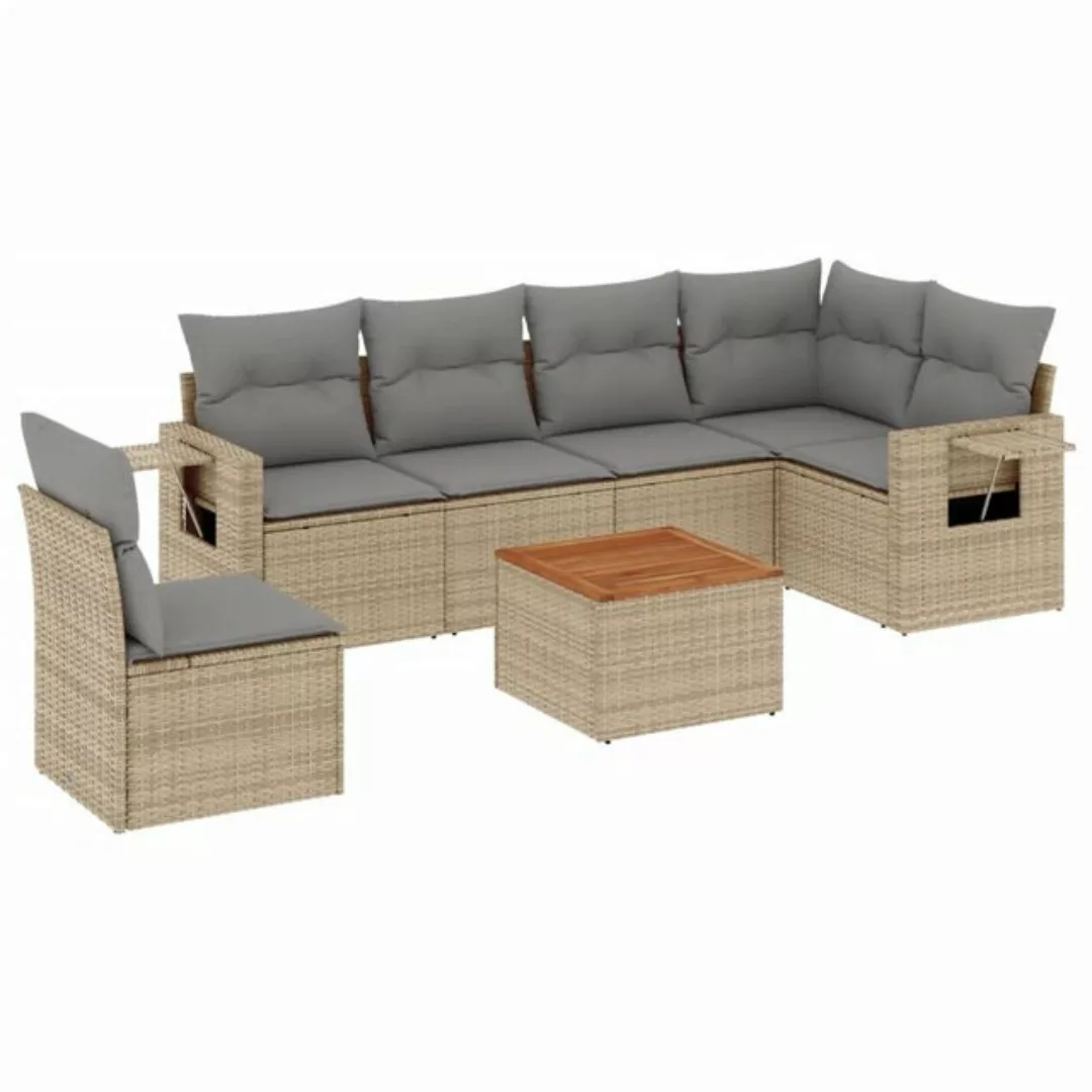 vidaXL Sofaelement 7-tlg. Garten-Sofagarnitur mit Kissen Beige Poly Rattan günstig online kaufen