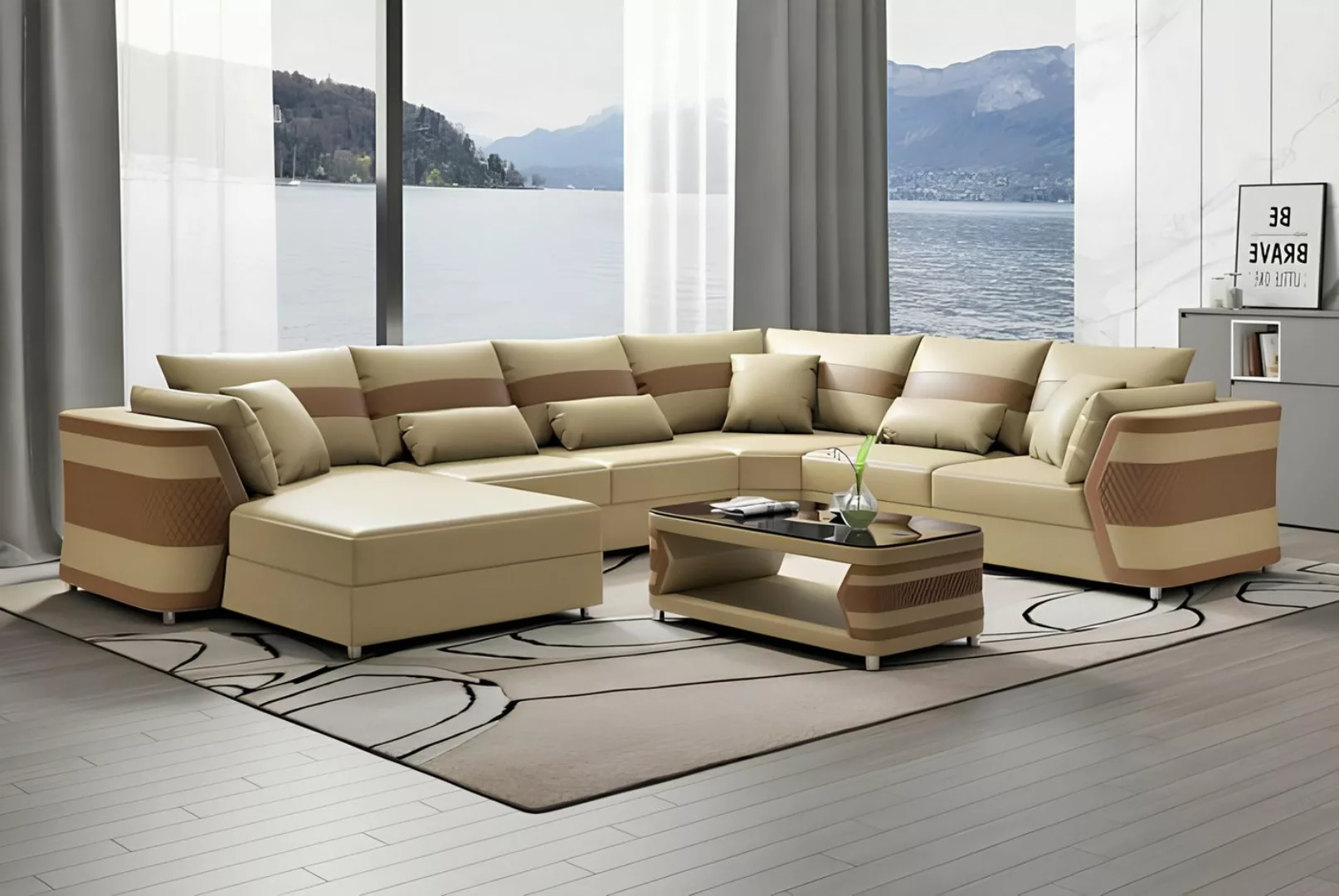 Xlmoebel Ecksofa Große Eckcouch in U-Form mit Lederoptik in Beige - XXL Woh günstig online kaufen