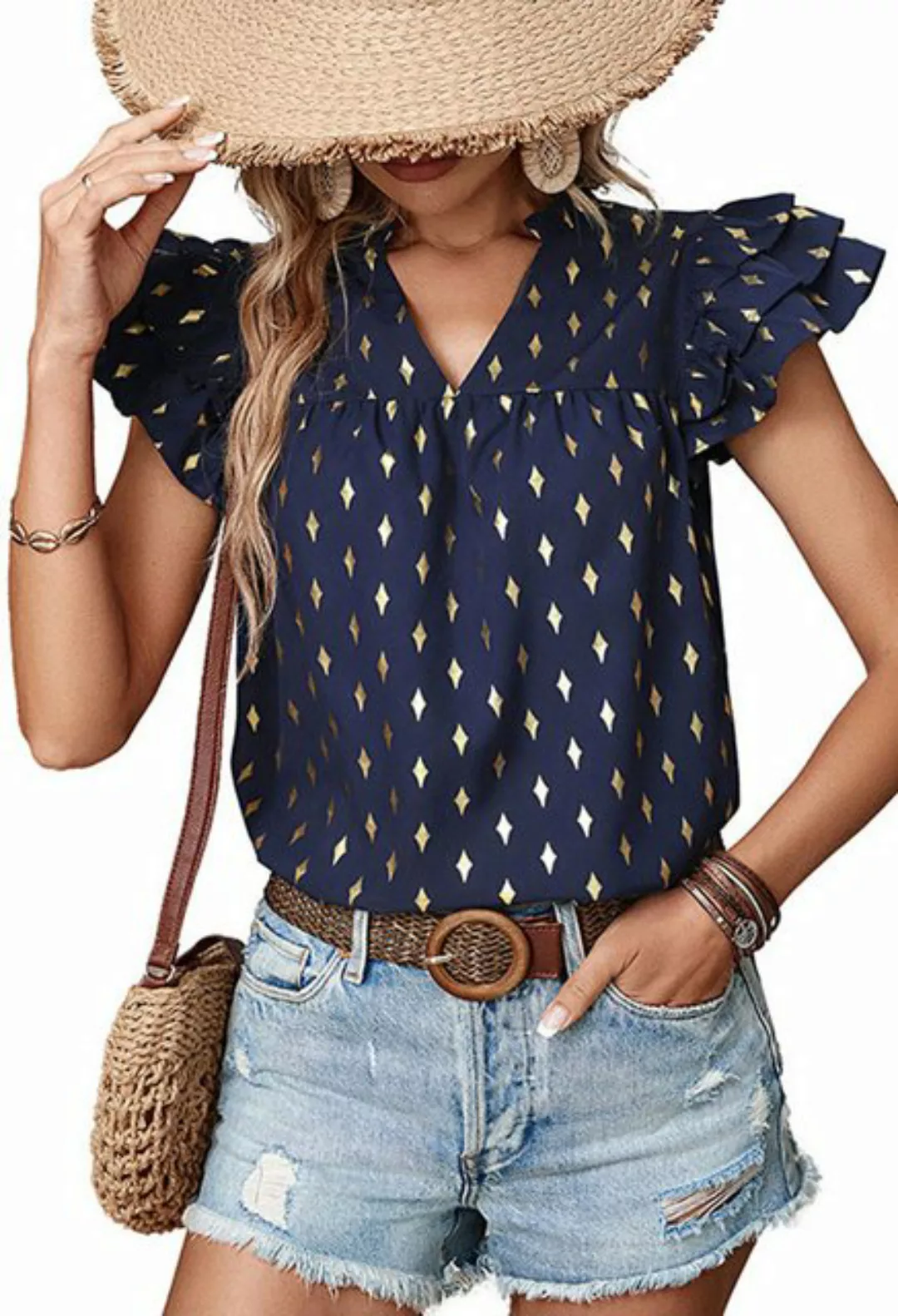 CHENIN T-Shirt Damen Kurzarm Bluse Shirts Sommer Baumwolle Tops V Neck Ruff günstig online kaufen