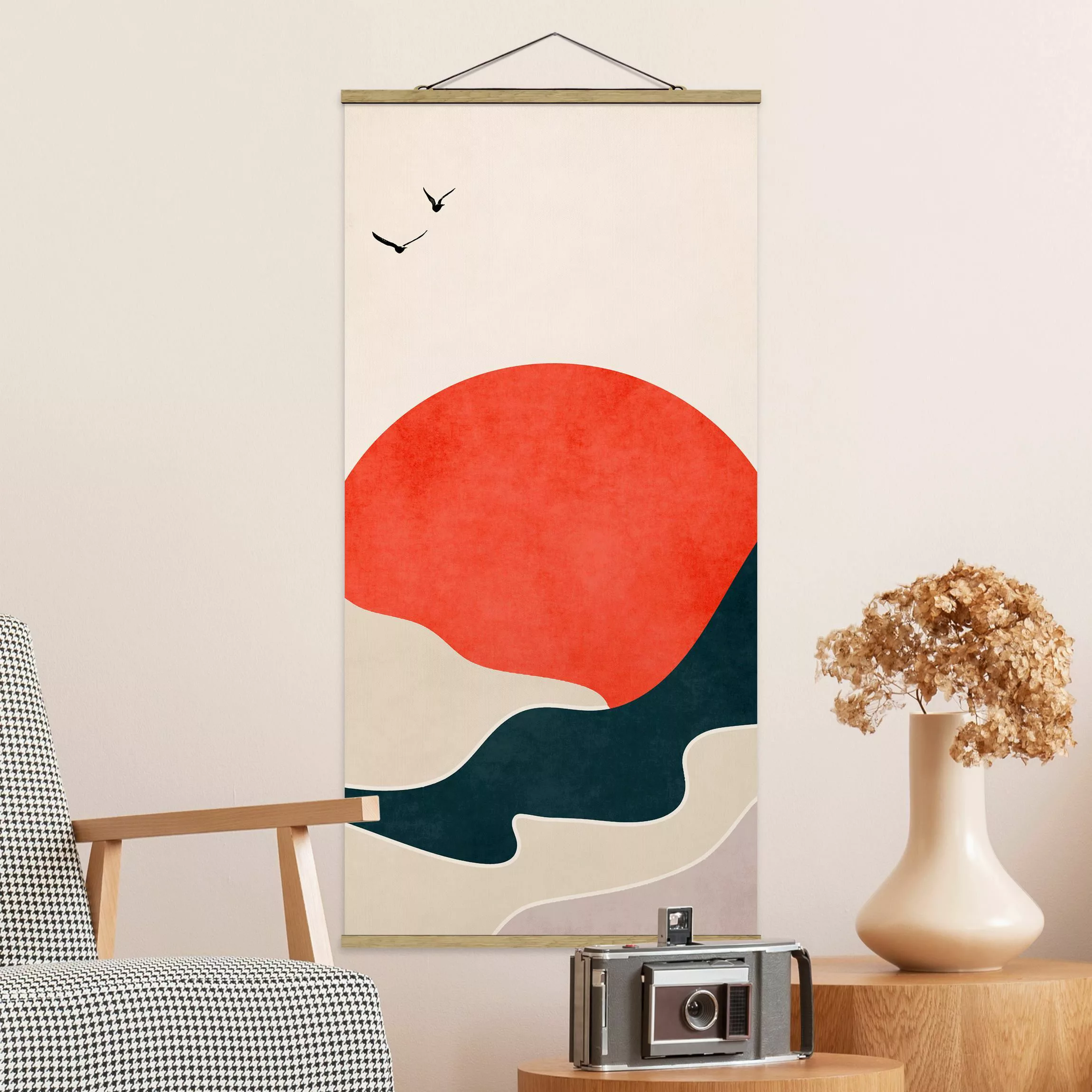 Stoffbild mit Posterleisten Berge in rotem Sonnenuntergang günstig online kaufen