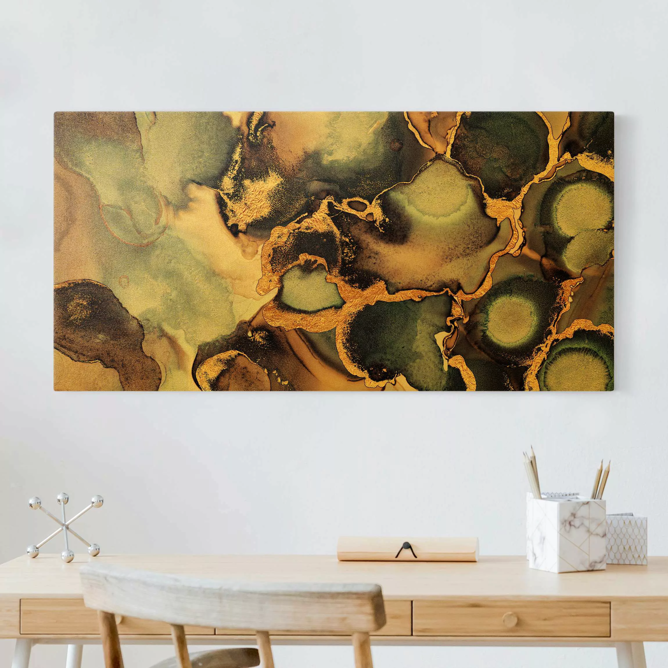 Leinwandbild Marmor Aquarell mit Gold günstig online kaufen