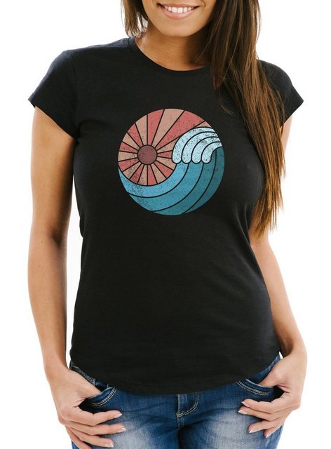 Neverless Print-Shirt Damen T-Shirt Welle Wave Sonne Sommer Retro Vintage P günstig online kaufen