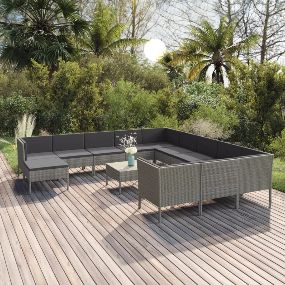 13-tlg. Garten-lounge-set Mit Auflagen Poly Rattan Grau günstig online kaufen