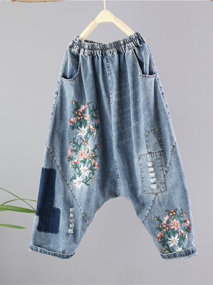 Patchwork Blumenstickerei Vintage Jeans günstig online kaufen