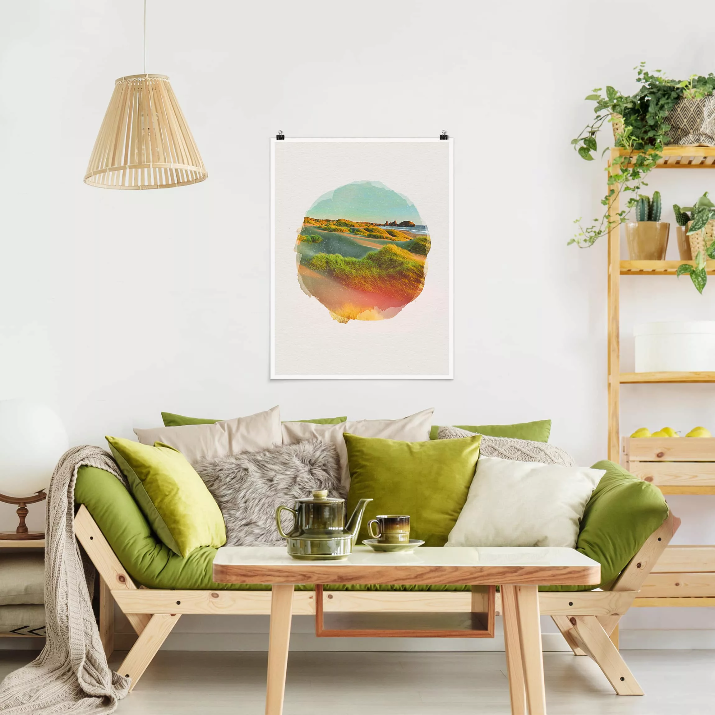 Poster Strand - Hochformat Wasserfarben - Dünen und Gräser am Meer günstig online kaufen