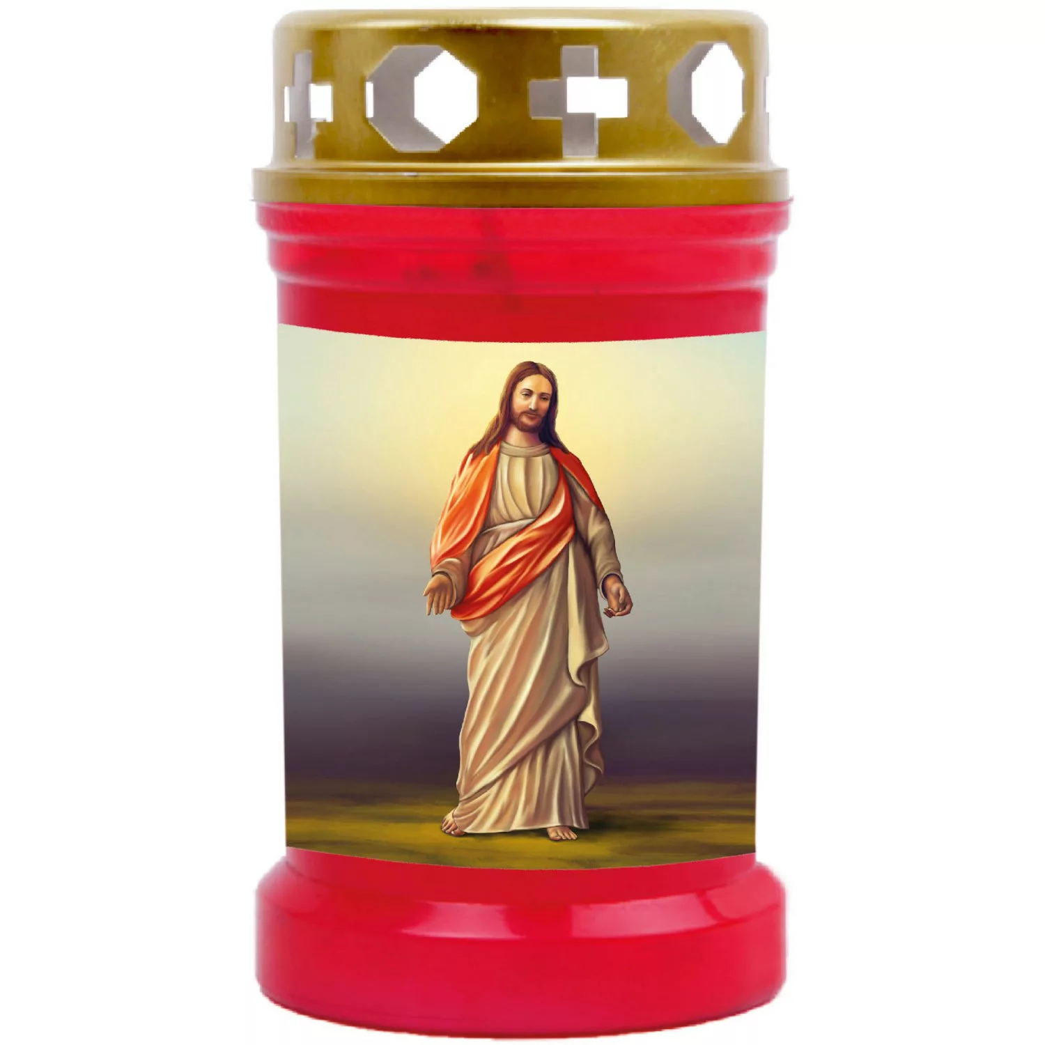 HS Candle Grabkerze Rot 40h Inkl. Deckel Gold Jesus 1 günstig online kaufen